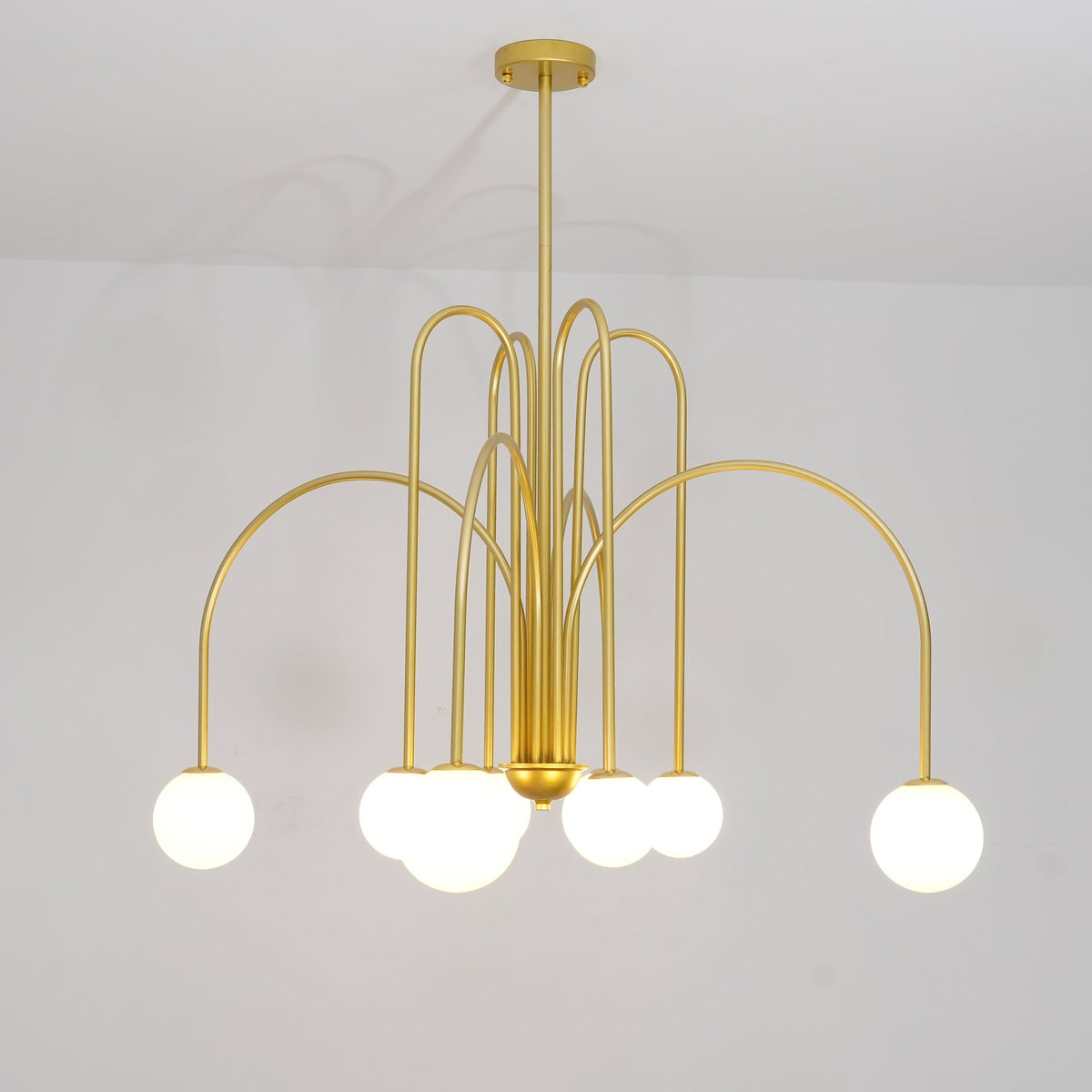 Sevi Chandelier Brass Curved Arms White Globe