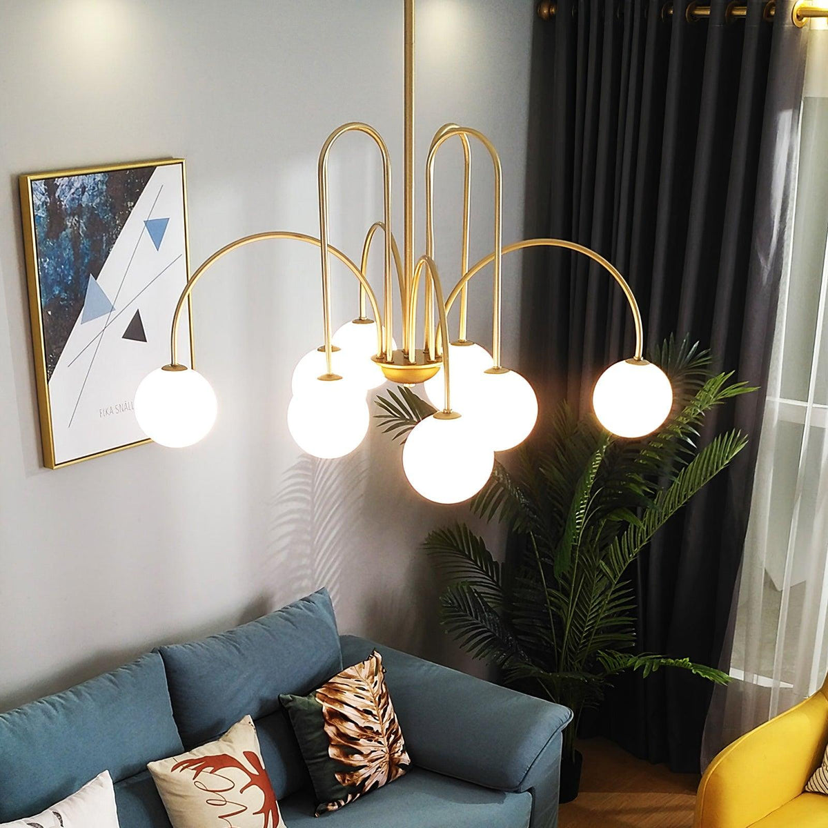 Sevi Chandelier Brass Curved Arms White Globe
