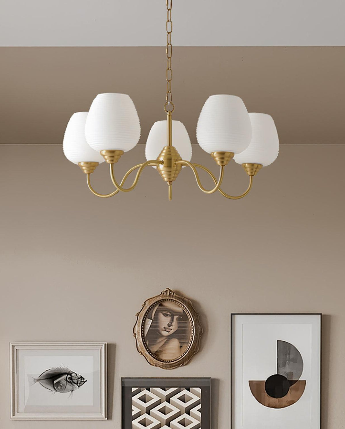 Celenian Chandelier Antique Brass White Glass