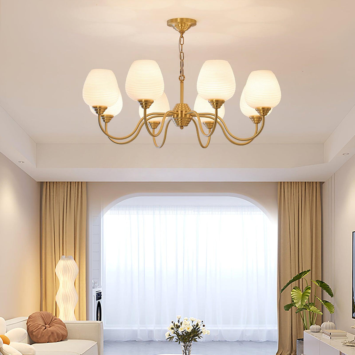 Celenian Chandelier Antique Brass White Glass