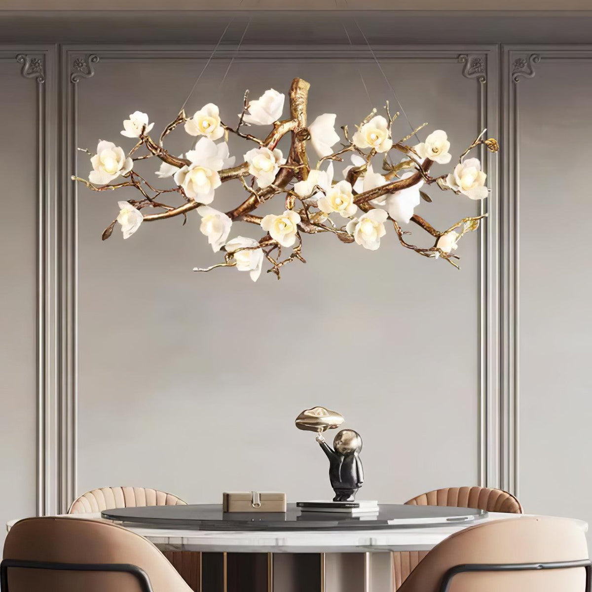Tominex Postmodern Luxury Flower Bloom Branch Brass Ceramic Chandelier