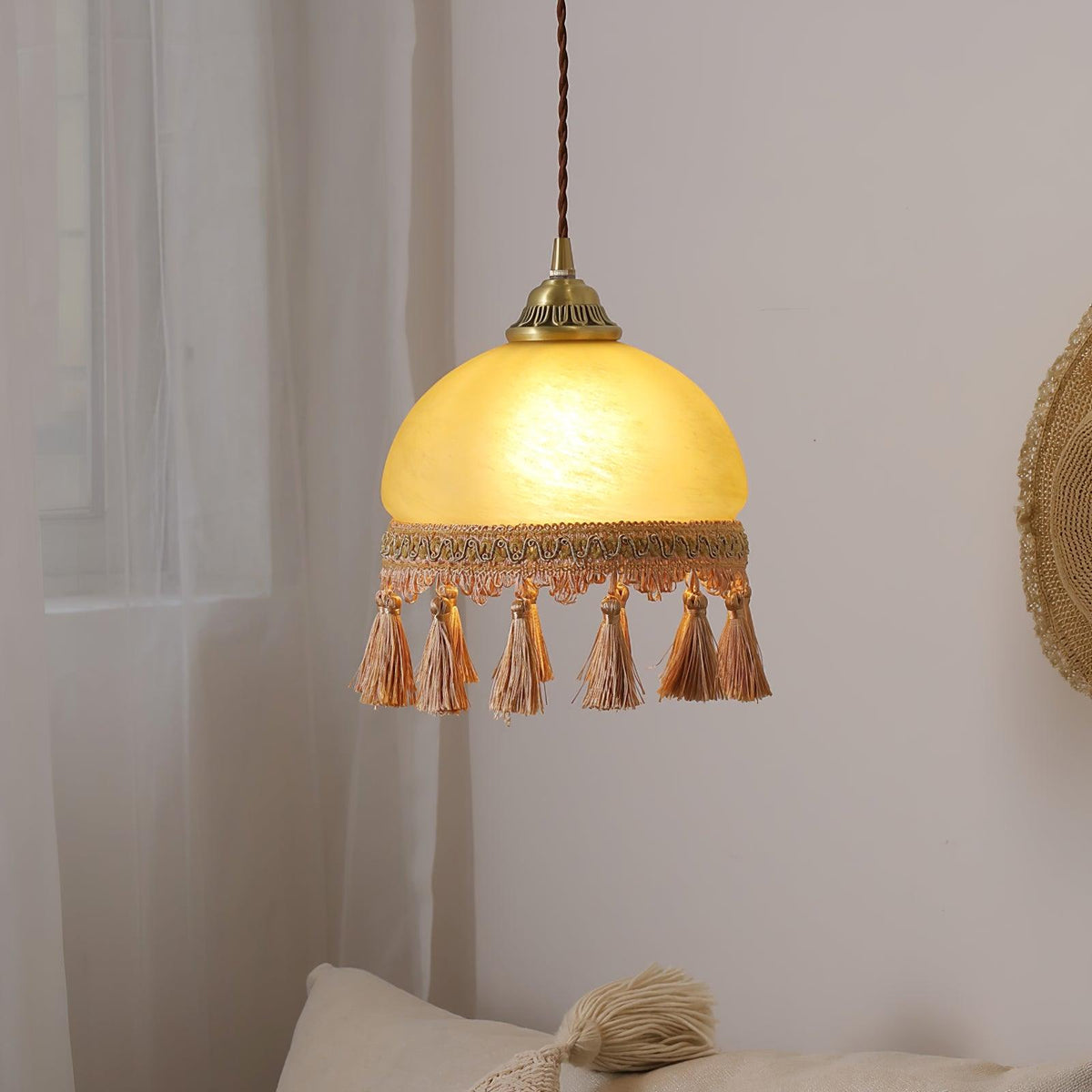 Sycaran French Tassels Swag Brass Glass Fabric Pendant Light