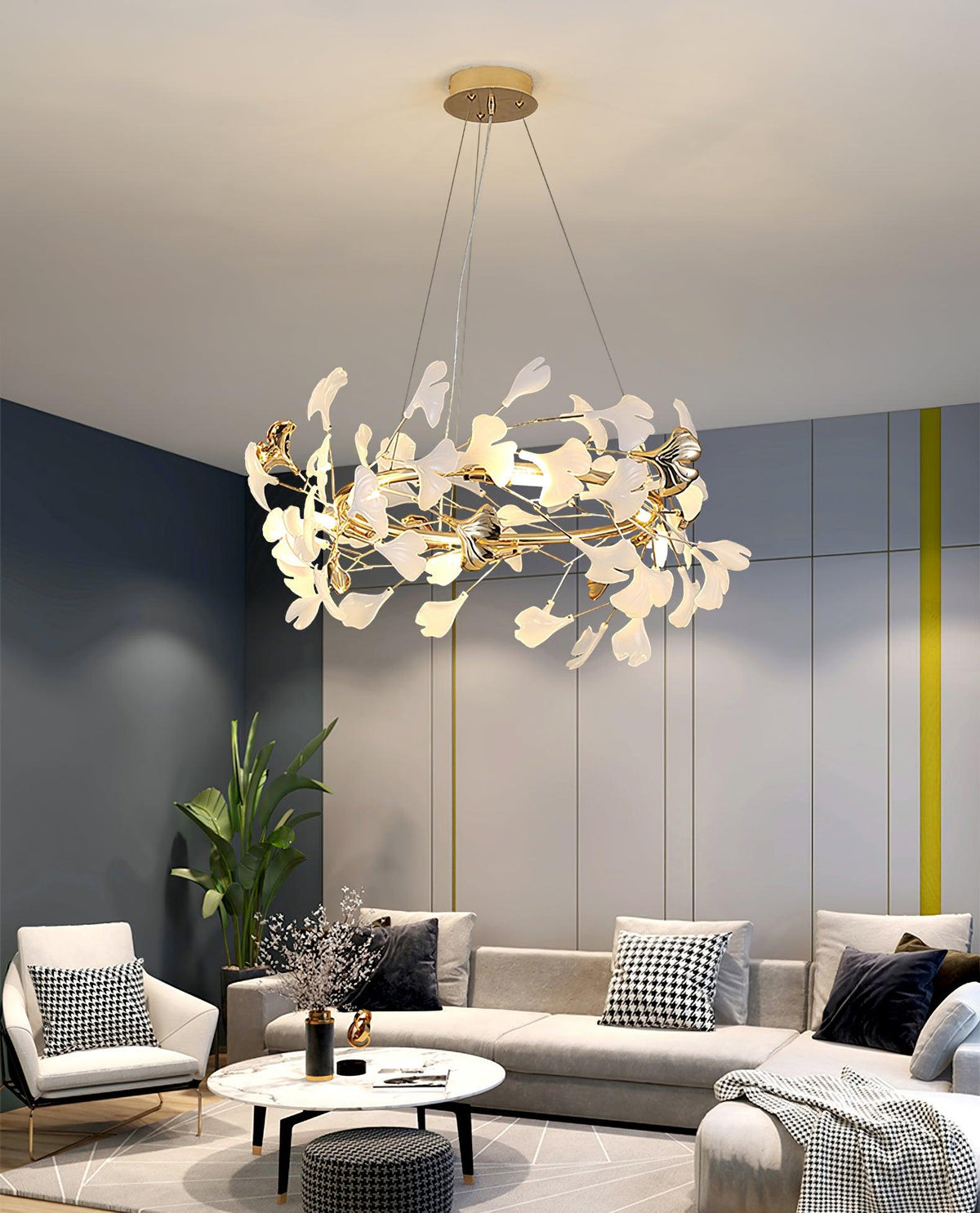 Umberis Pendant Lamp Gingko Porcelain Leaves Gold