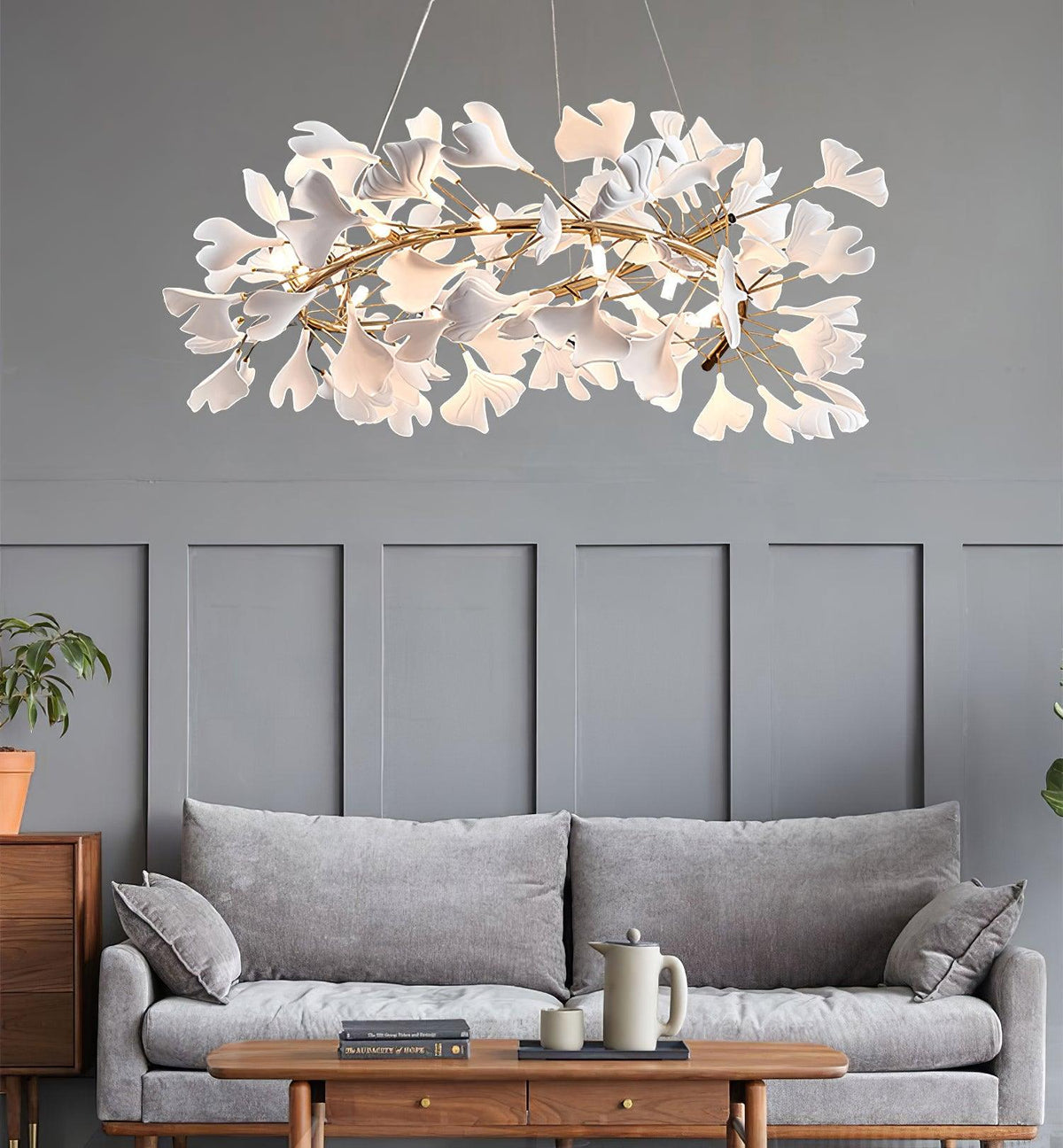 Umberis Pendant Lamp Gingko Porcelain Leaves Gold
