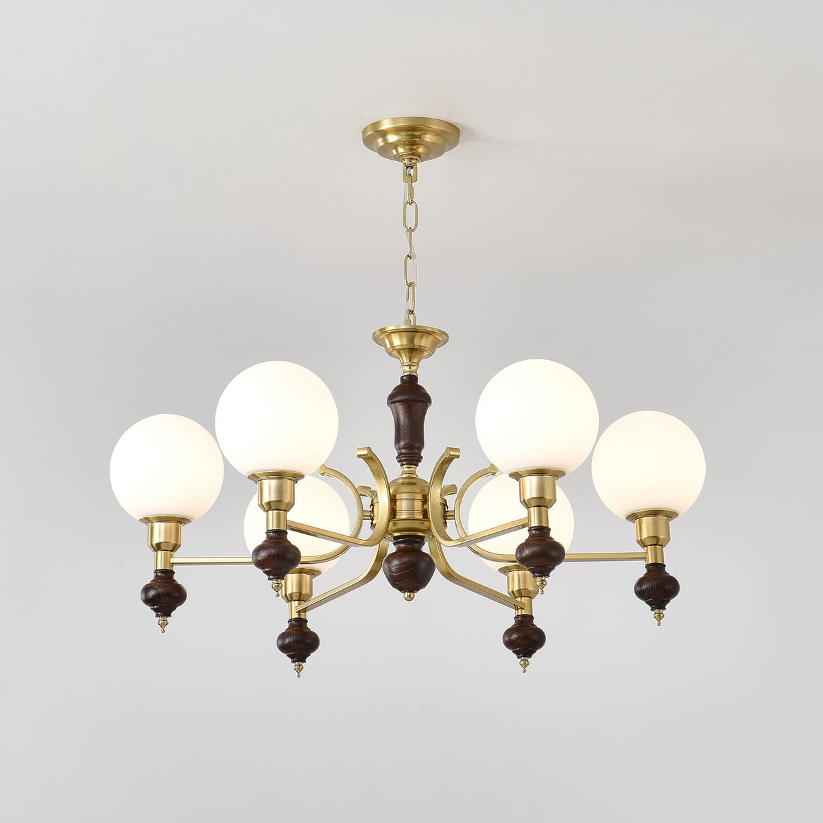 Nesvin Chandelier Wood & Brass Globe Orb
