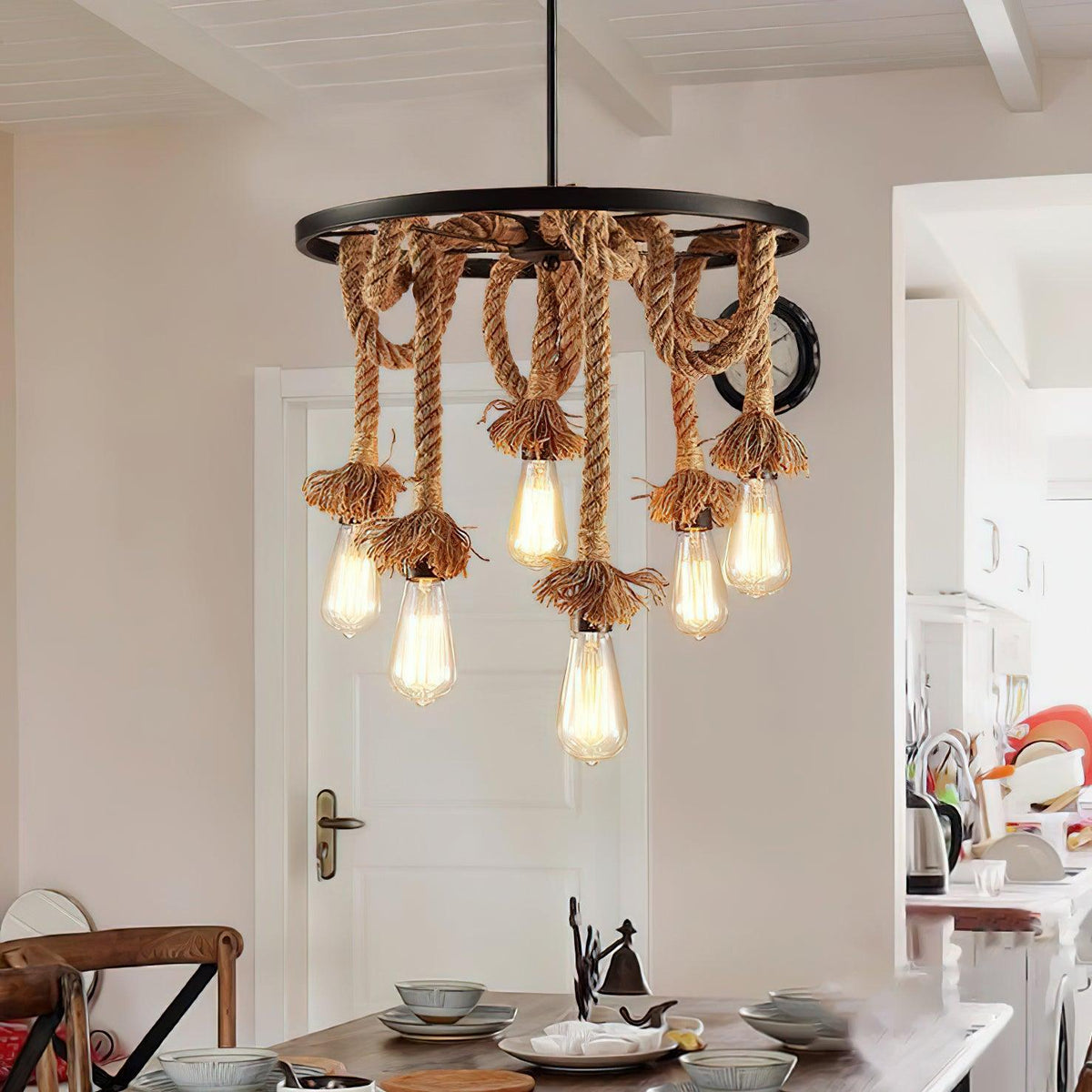 Soluaine Chandelier Hemp Rope Industrial Six Head