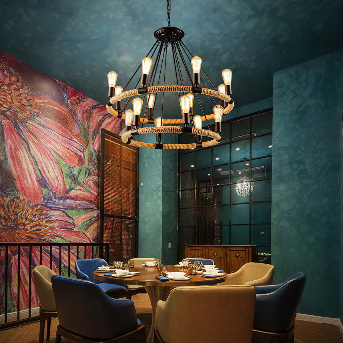 Novien Chandelier Hemp Rope Industrial Round