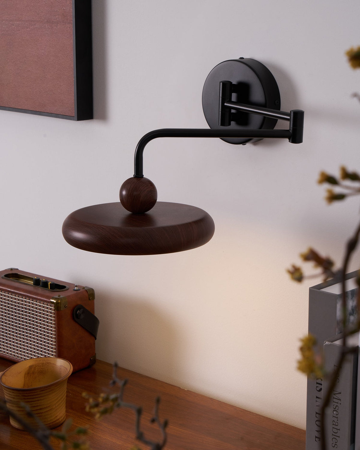Kenshika Wooden Disc Black Wall Light