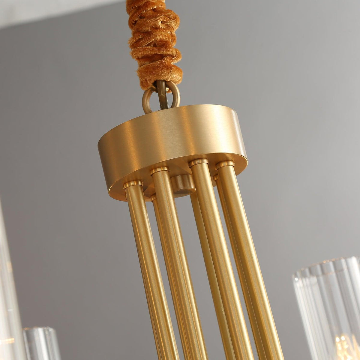 Chandelier Black Round Frame Brass Arms Ribbed Glass