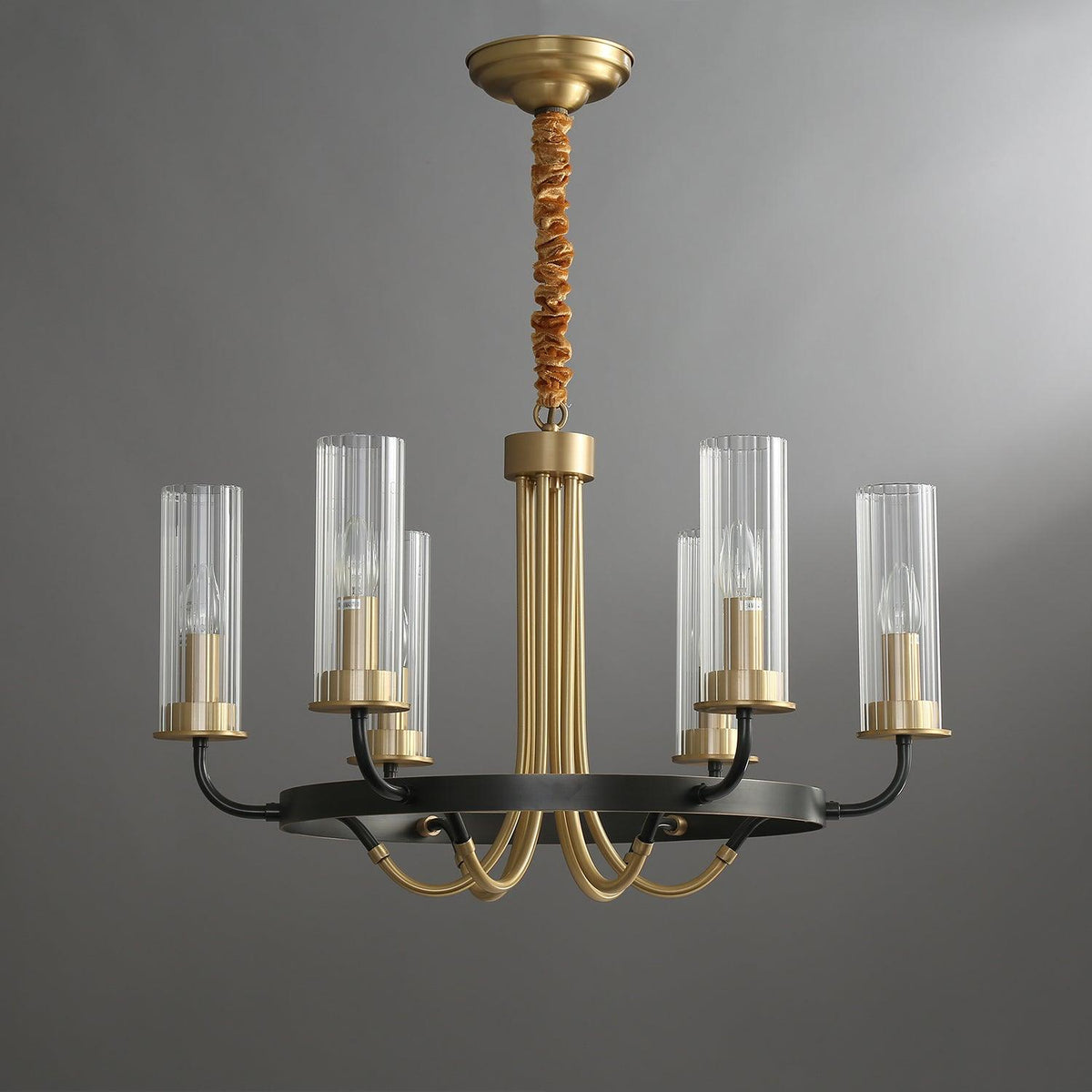 Chandelier Black Round Frame Brass Arms Ribbed Glass