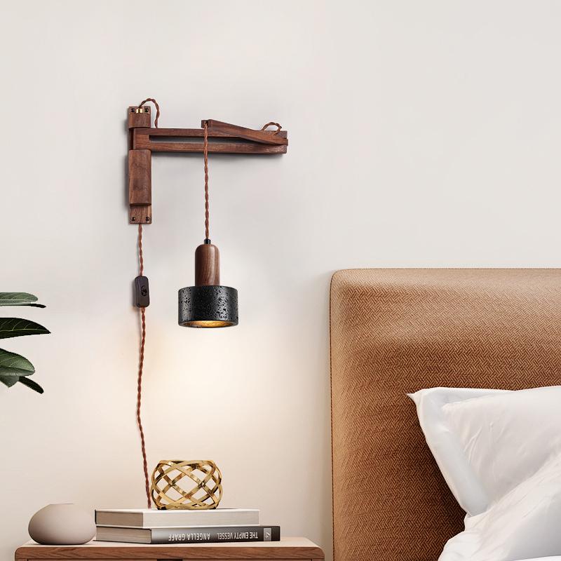 Nulso Adjustable Plug-In Black Travertine Wood Wall Lamp