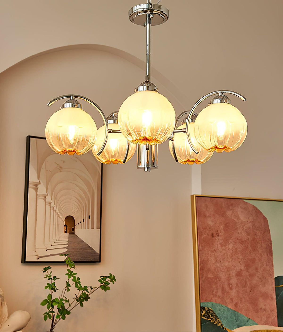Chandelier Chrome Curved Arms with Frosted Globe Shades