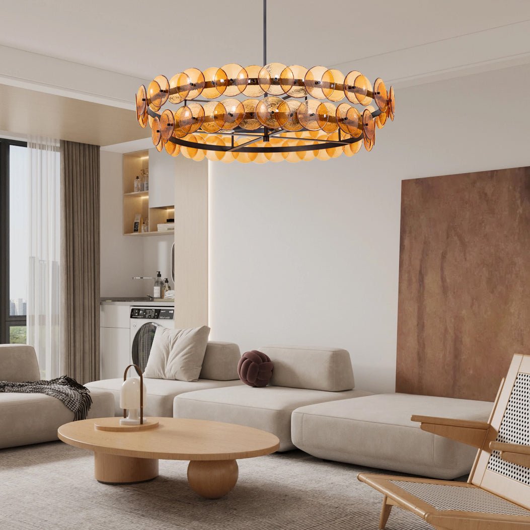 Celalora Chandelier Amber Pressed Glass Disc Round