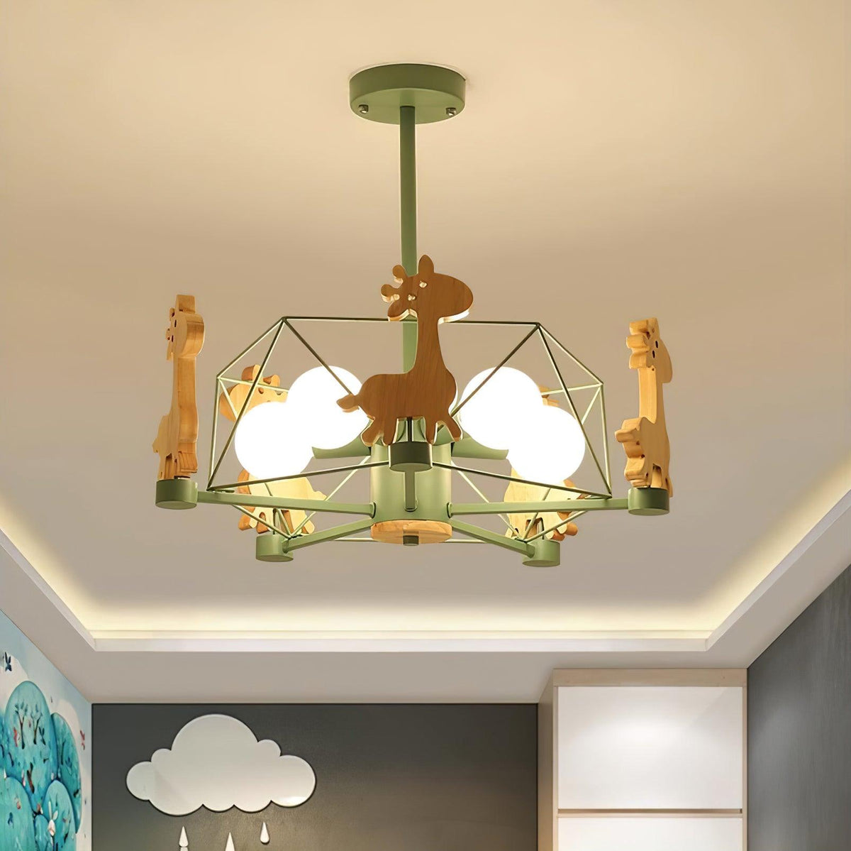 Rinelian Chandelier Lovely Deer Wooden Green & Pink