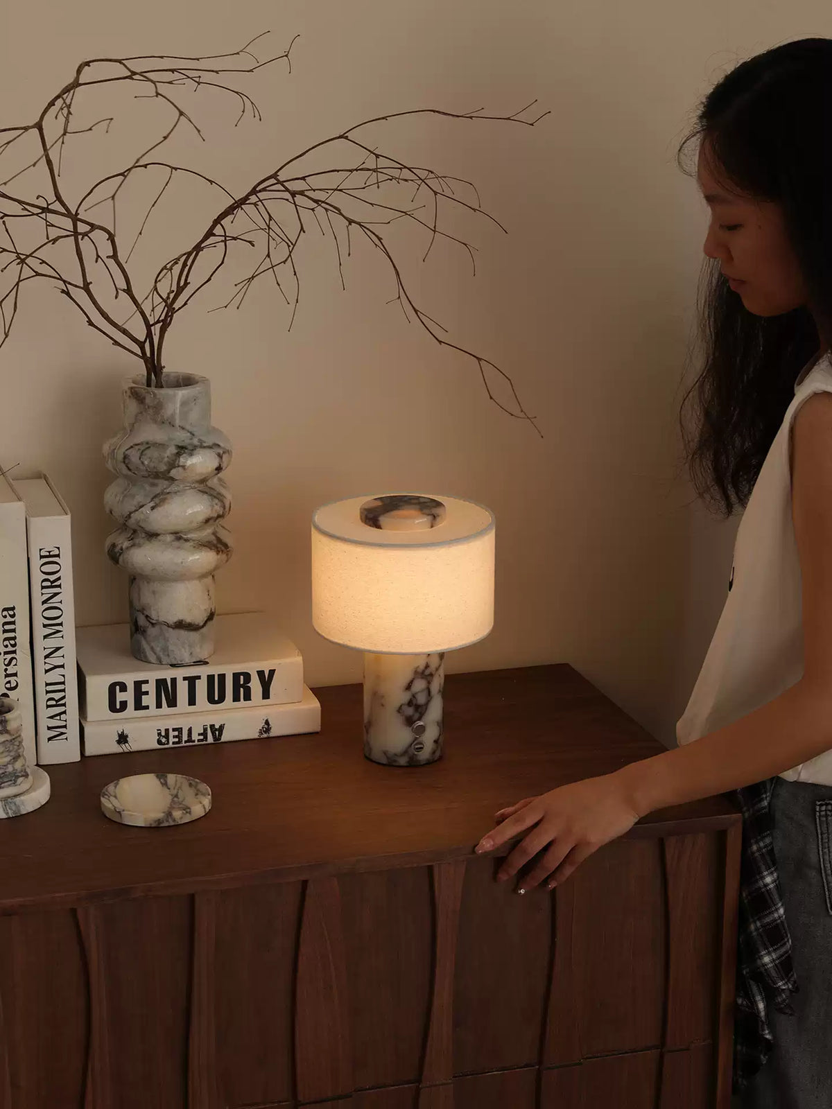 Kalvy Cylindrical  Travertine Marble Table Lamp