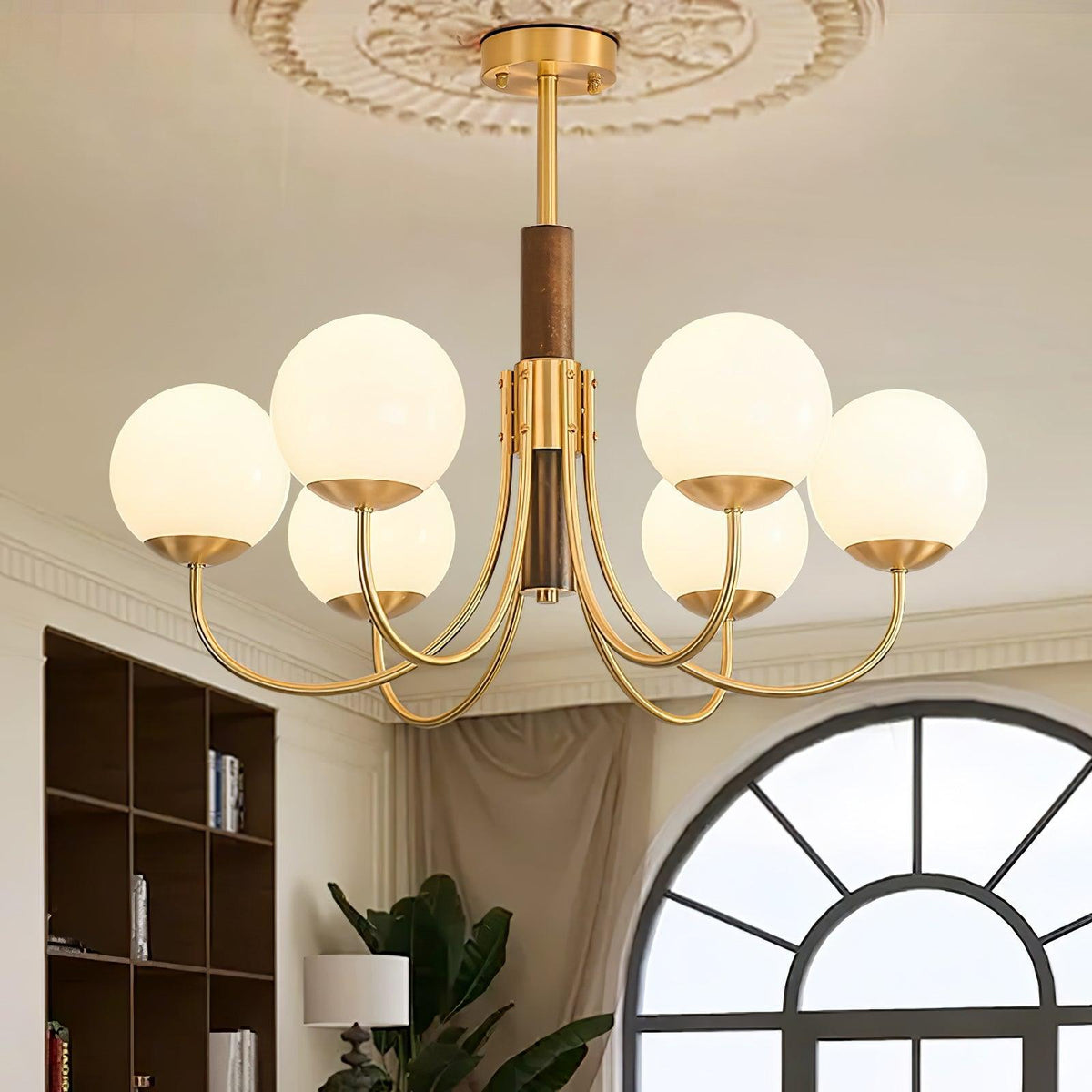 Elverella Chandelier Midas Touch Walnut Sphere Brass