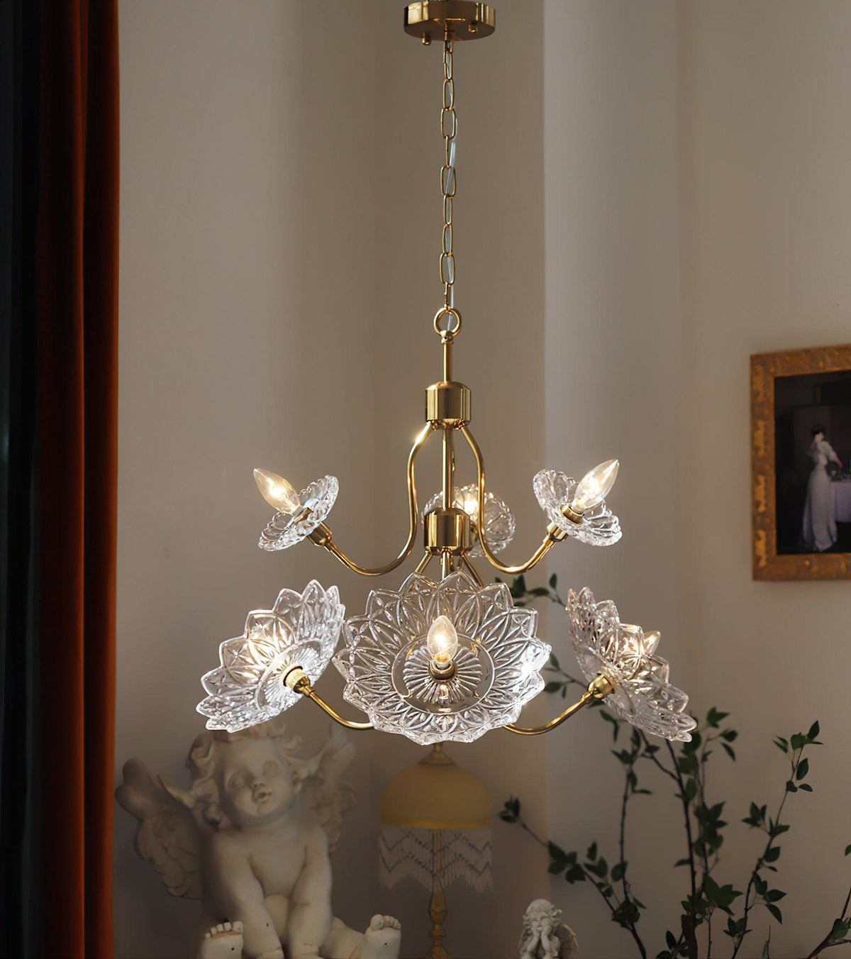 Celareon Chandelier Brass Glass Floral Vintage