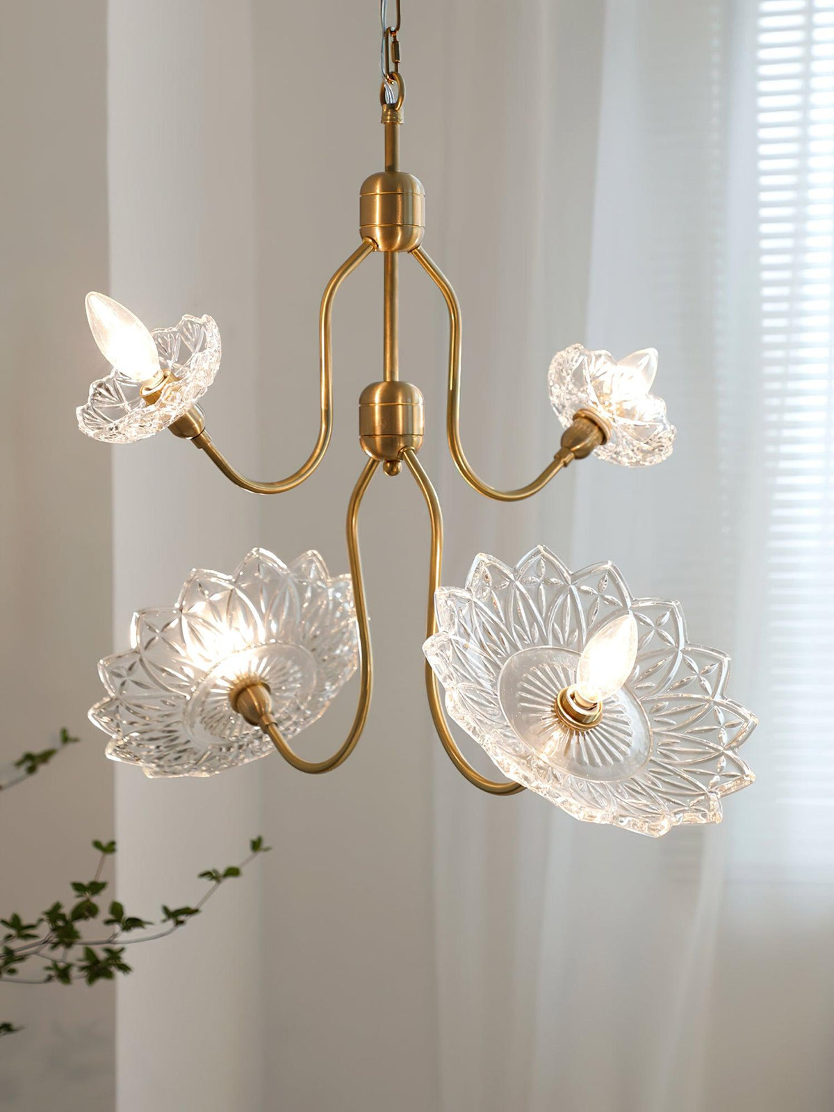 Celareon Chandelier Brass Glass Floral Vintage