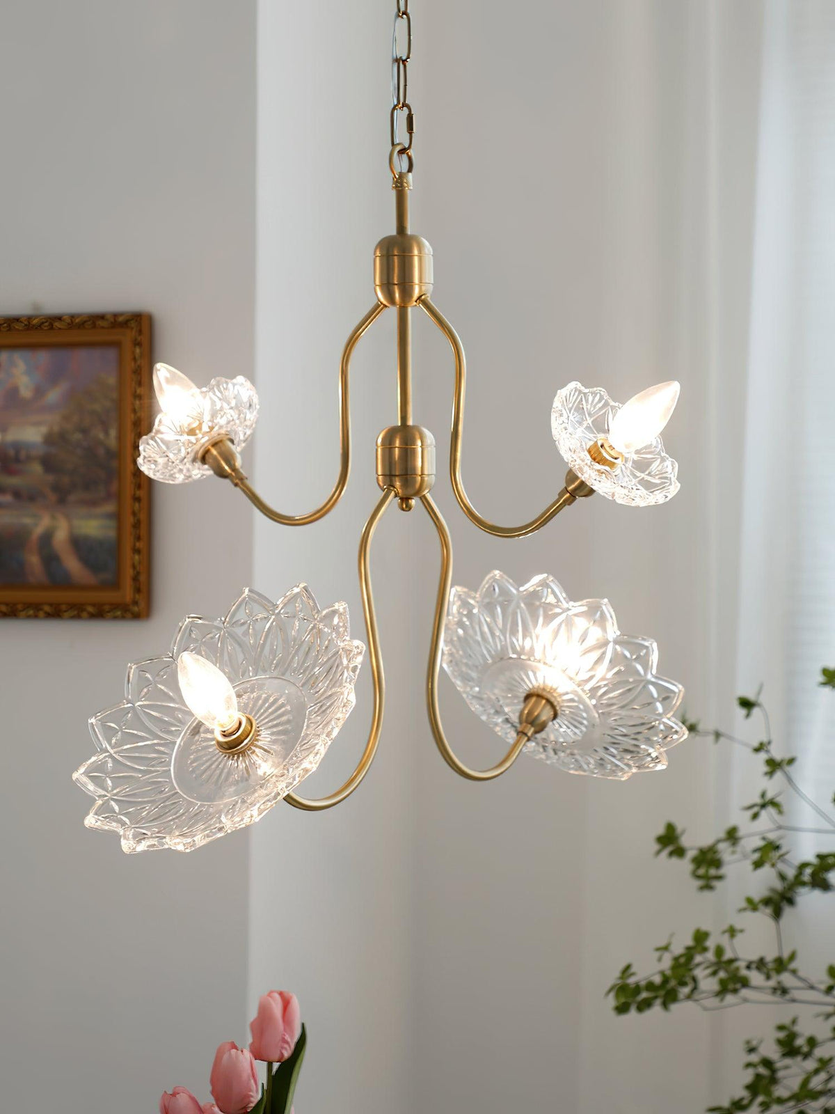 Celareon Chandelier Brass Glass Floral Vintage
