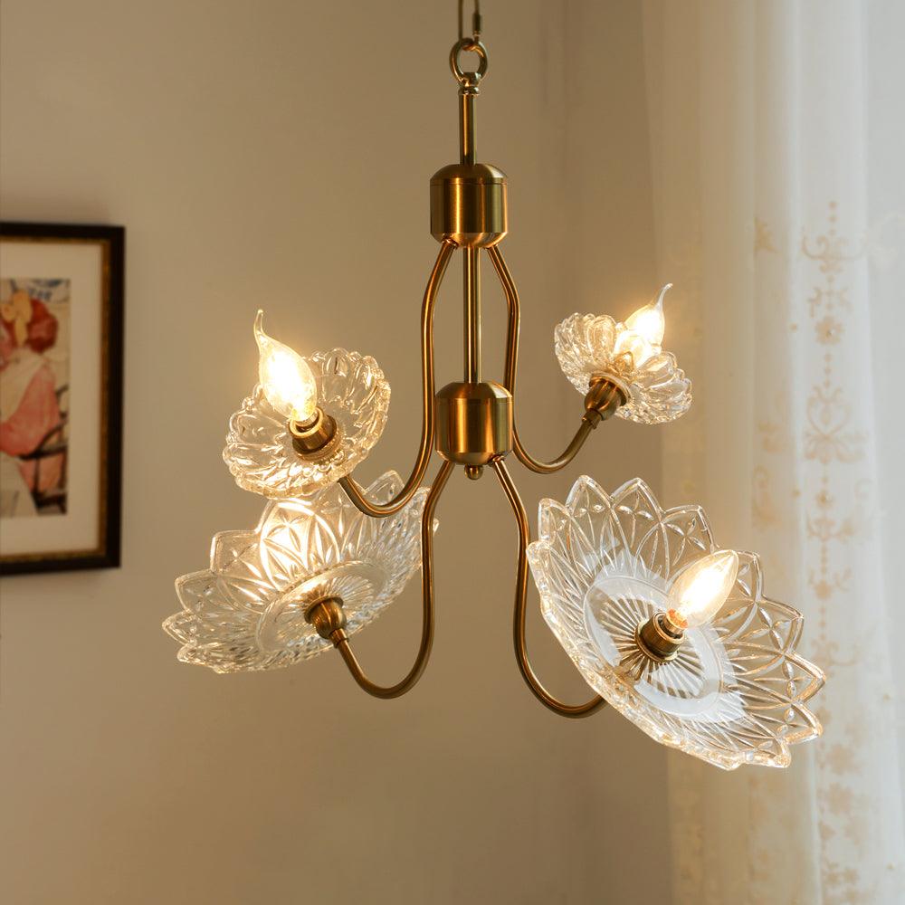 Celareon Chandelier Brass Glass Floral Vintage