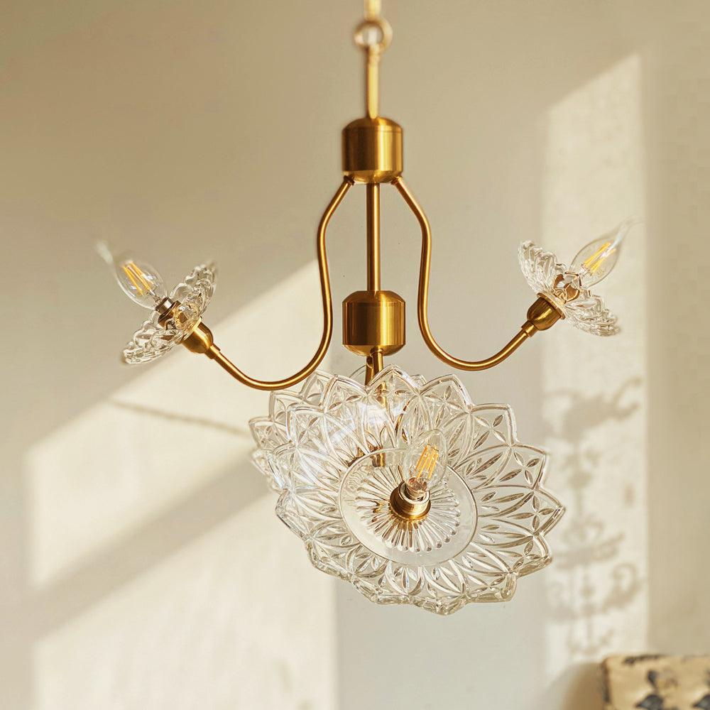 Celareon Chandelier Brass Glass Floral Vintage