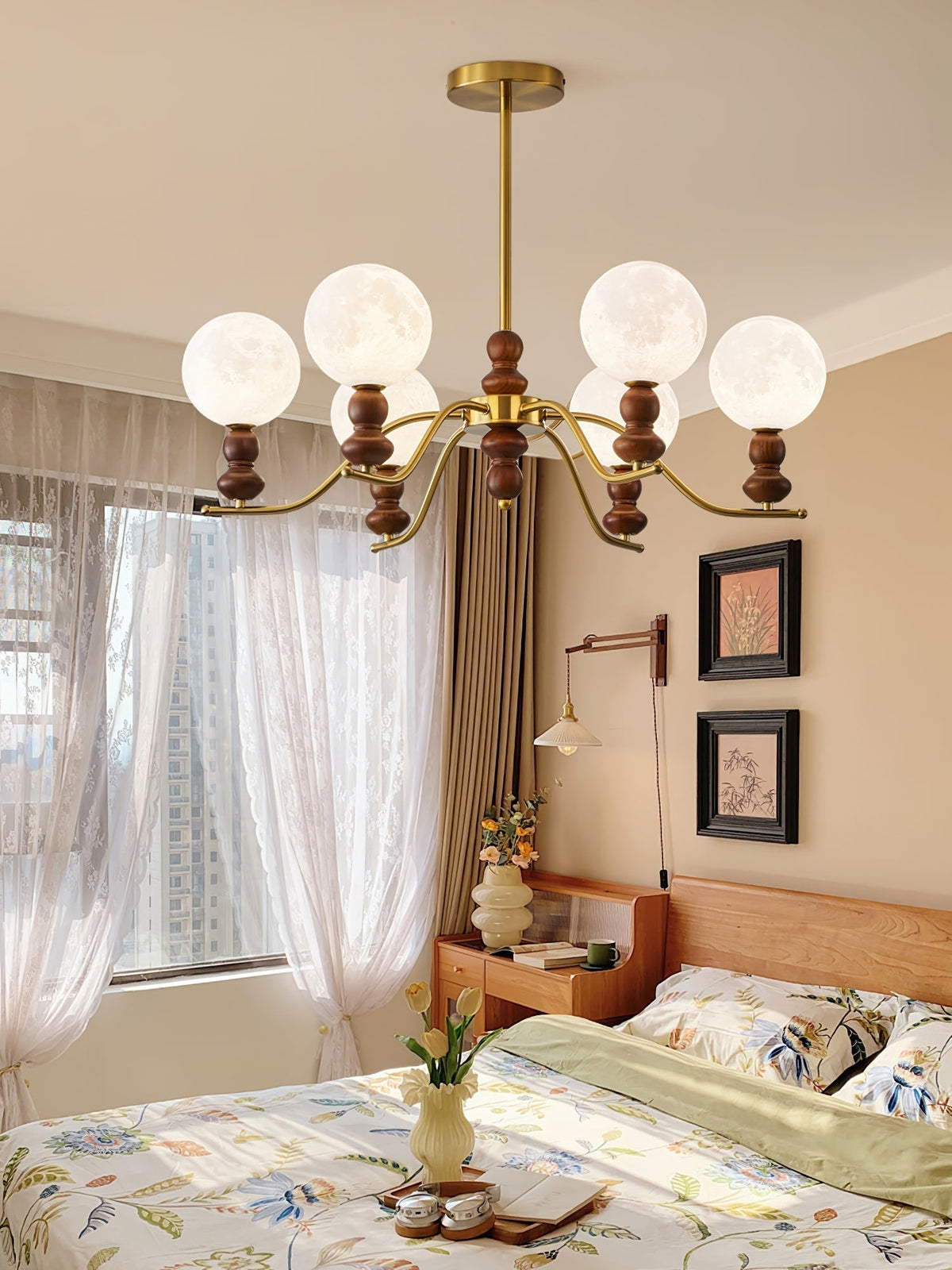 Elvivira Chandelier Brass Wood Moon Globe Elegant