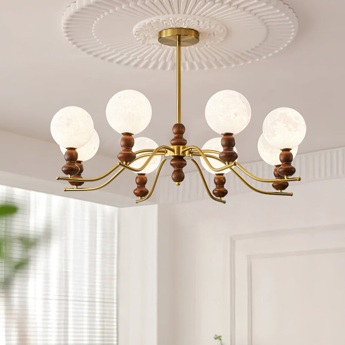 Elvivira Chandelier Brass Wood Moon Globe Elegant