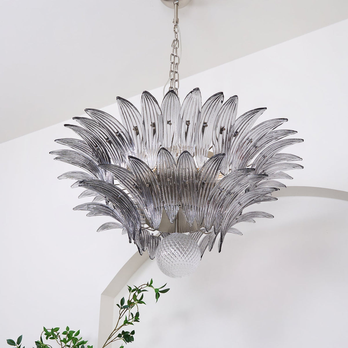 Liororira Chandelier Palmette Clear Murano Glass Leaf Layered