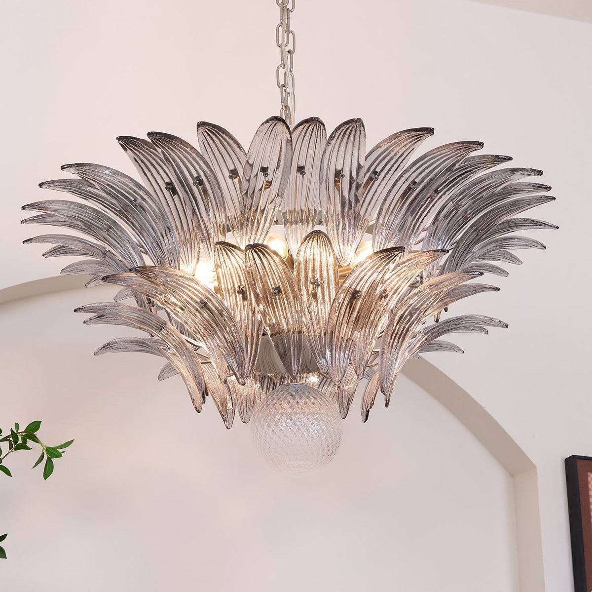 Liororira Chandelier Palmette Clear Murano Glass Leaf Layered