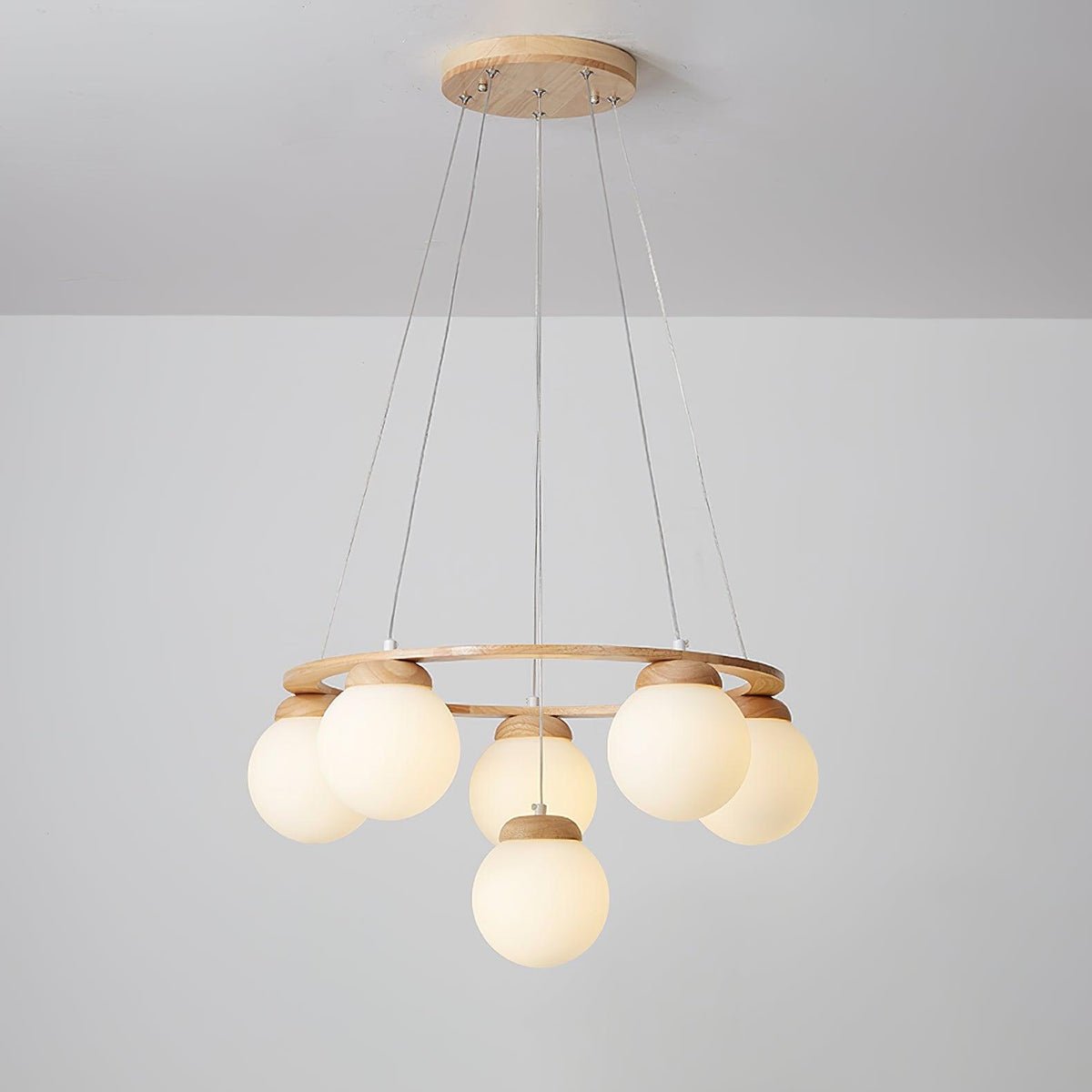 Aelion Chandelier Wood Ring Opal Glass Globes