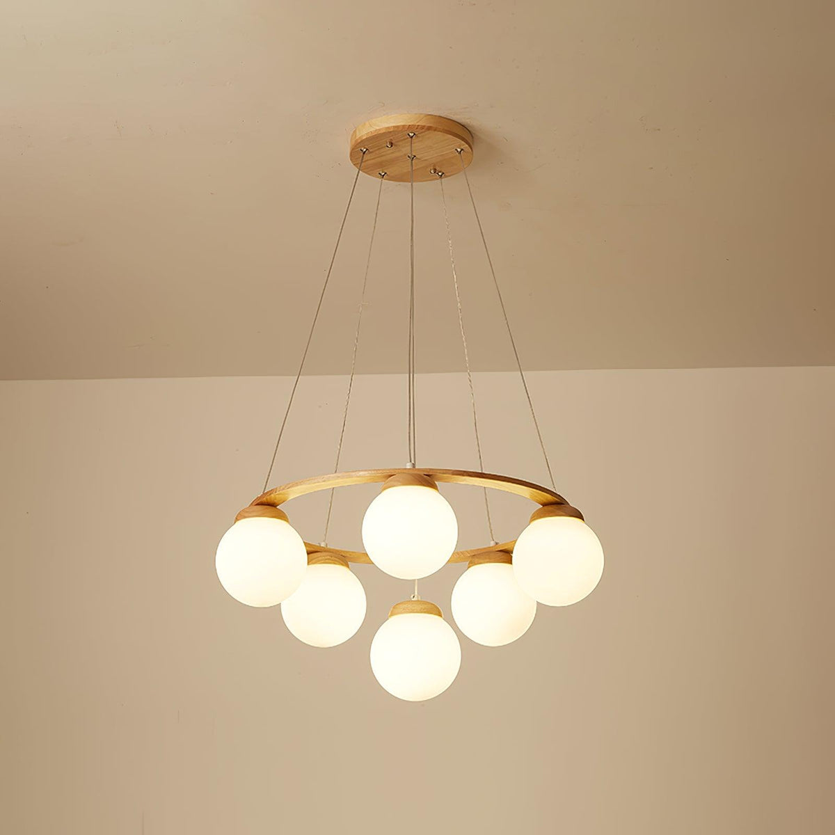 Aelion Chandelier Wood Ring Opal Glass Globes