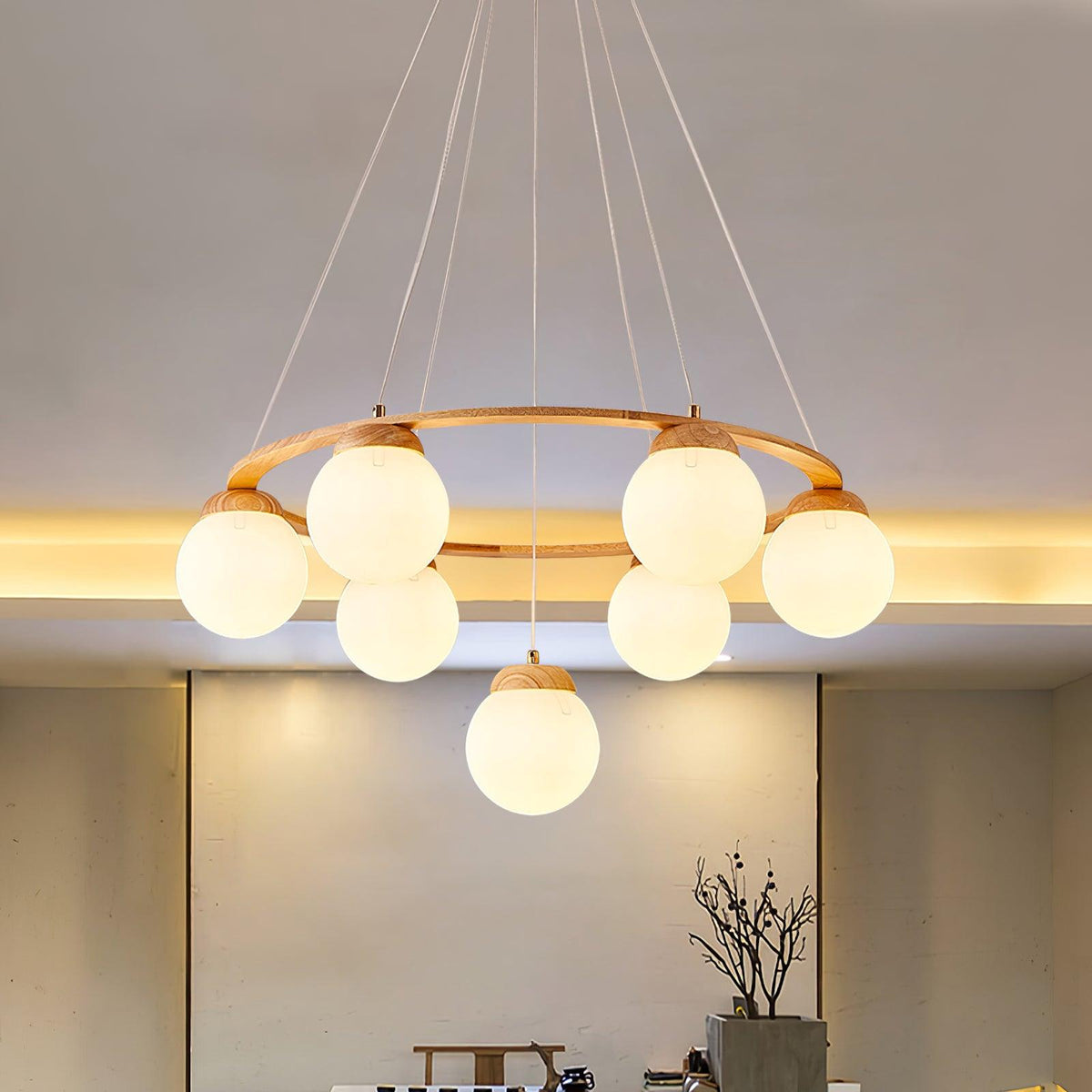 Aelion Chandelier Wood Ring Opal Glass Globes