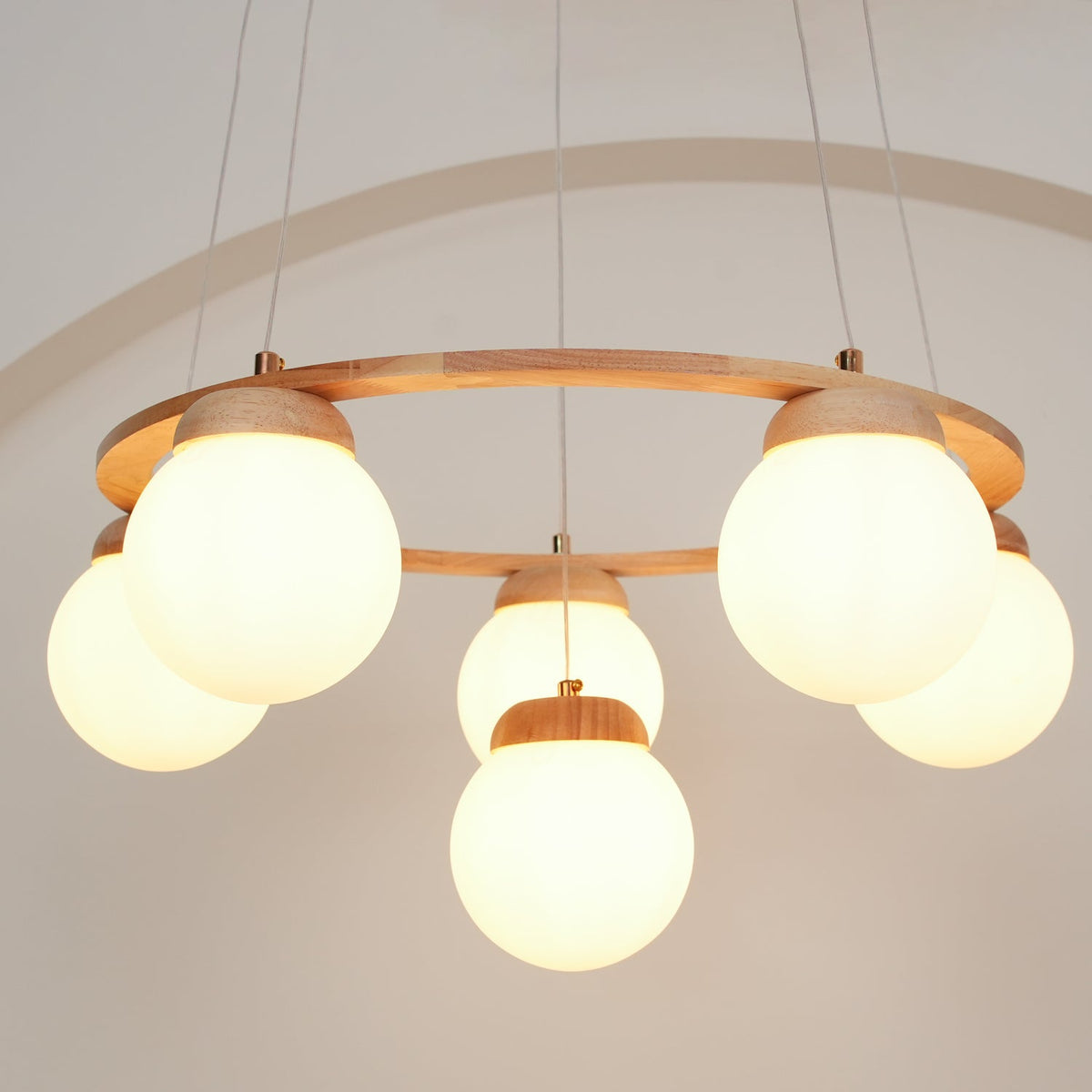 Aelion Chandelier Wood Ring Opal Glass Globes