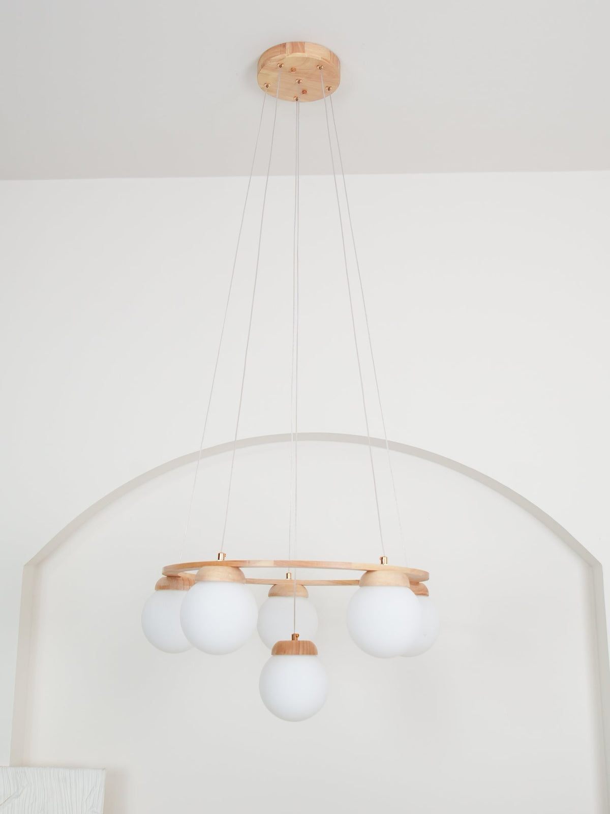 Aelion Chandelier Wood Ring Opal Glass Globes