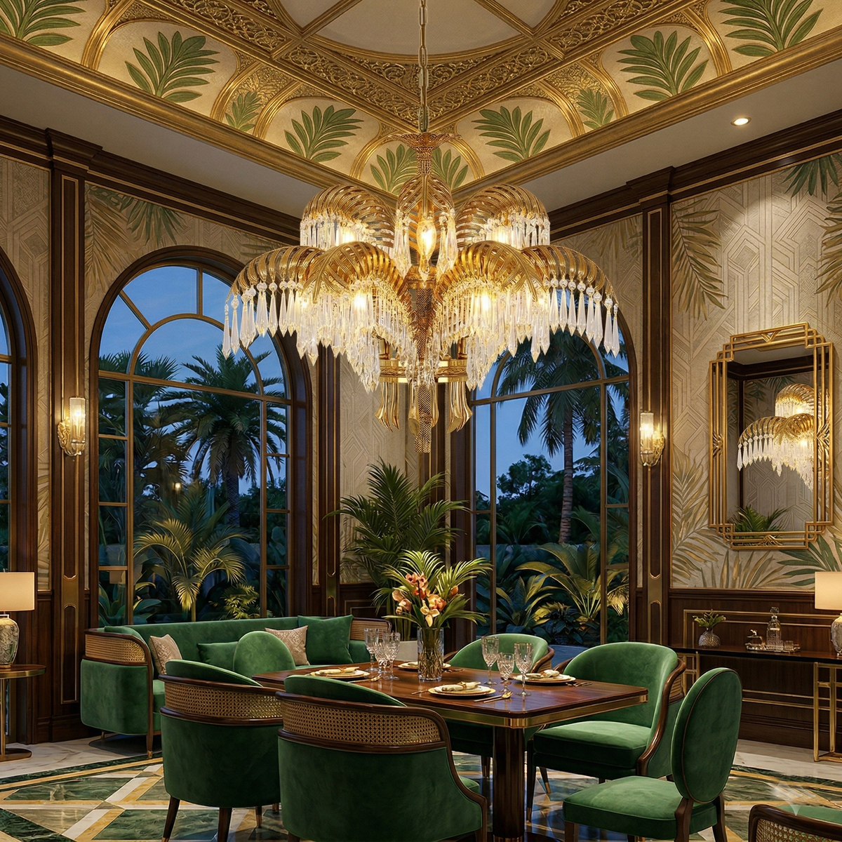 Peya Brass Palm Leaf Crystal Chandelier