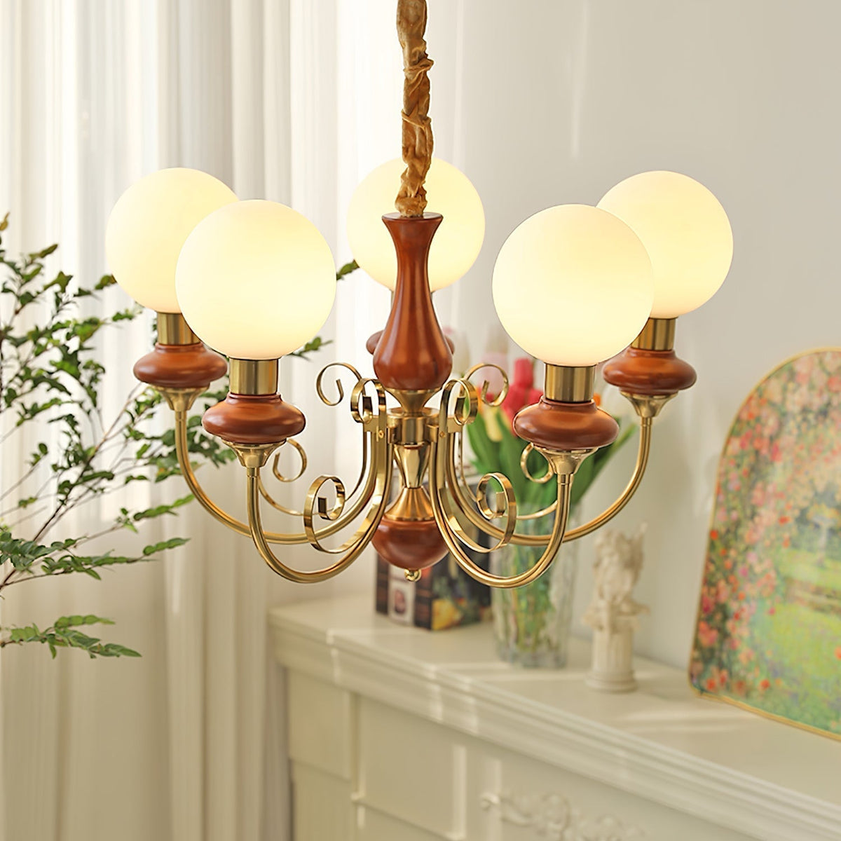 Aurorian Chandelier Green Shades Gold Curved Arms
