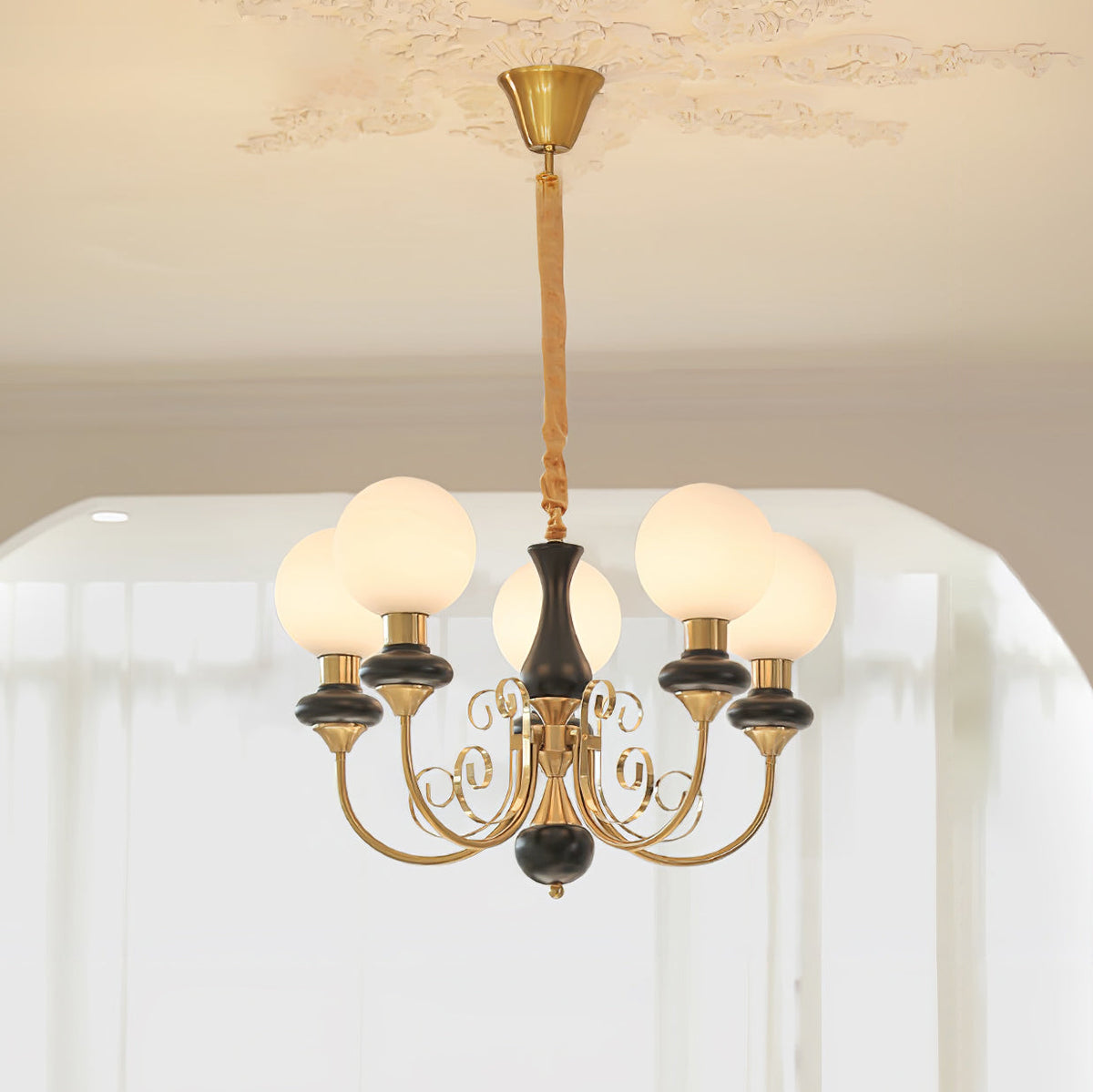 Aurorian Chandelier Green Shades Gold Curved Arms