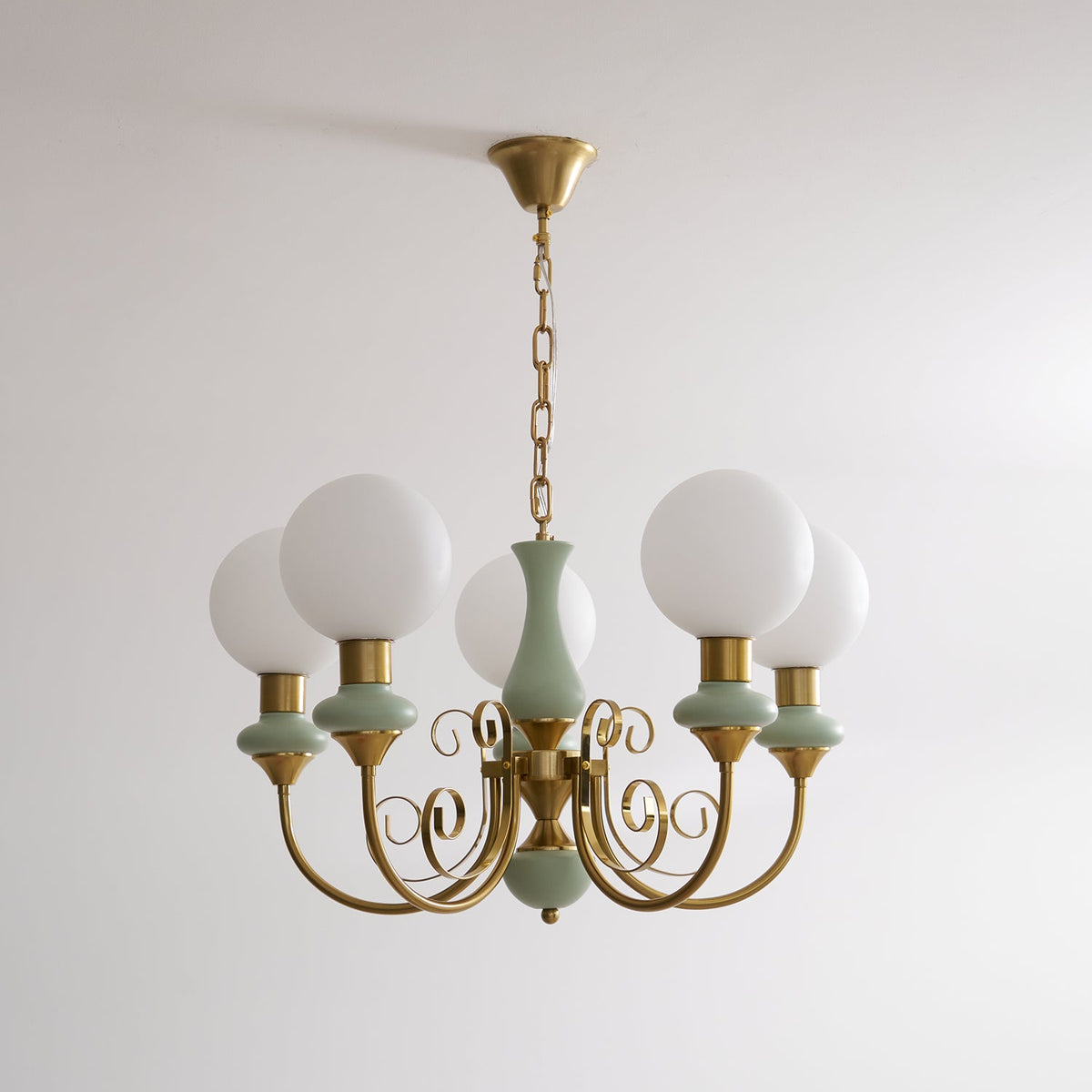 Aurorian Chandelier Green Shades Gold Curved Arms