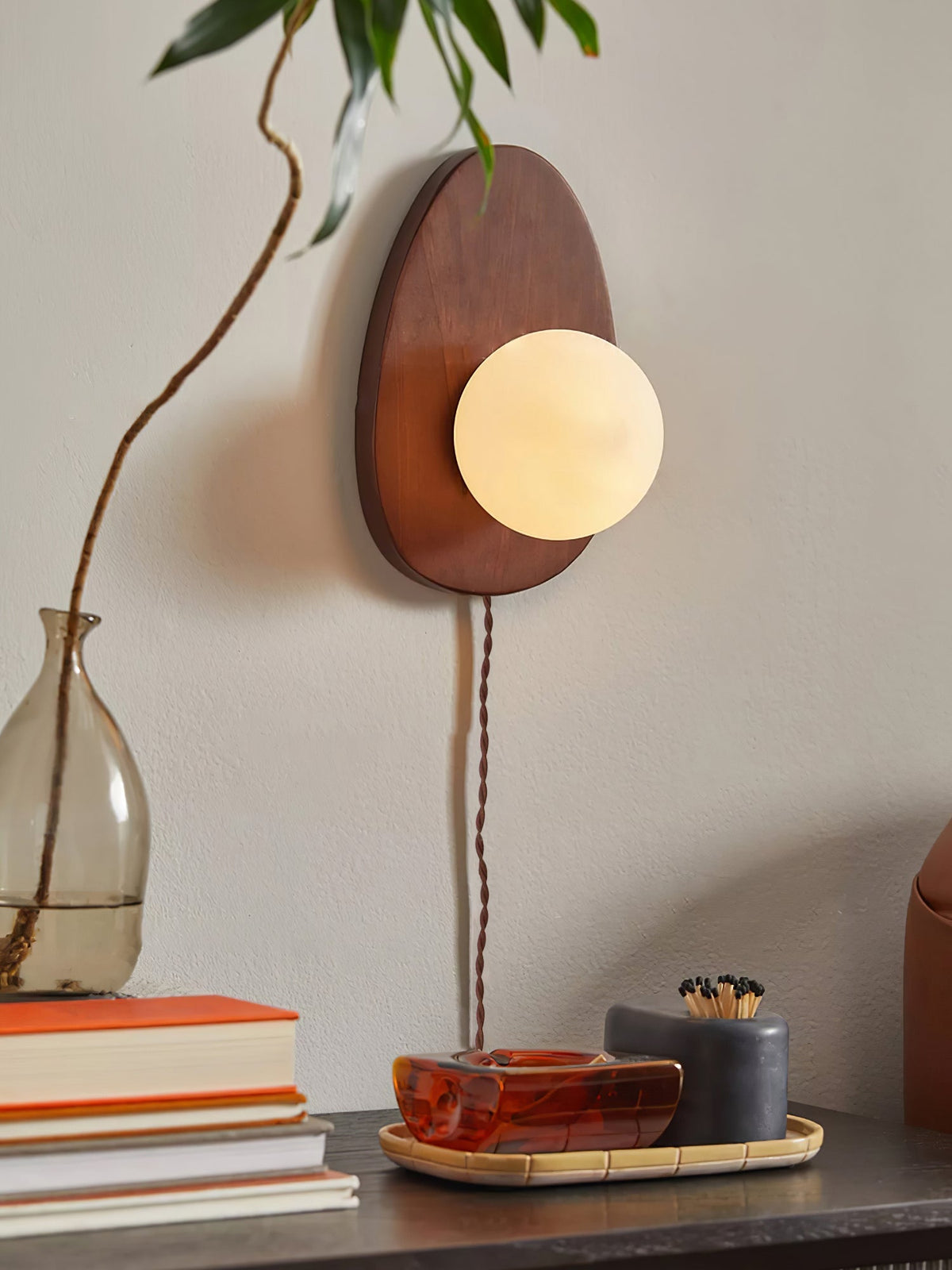 Nylaeiel Nordic Art Plug-in Walnut Glass Wood Wall Lamp