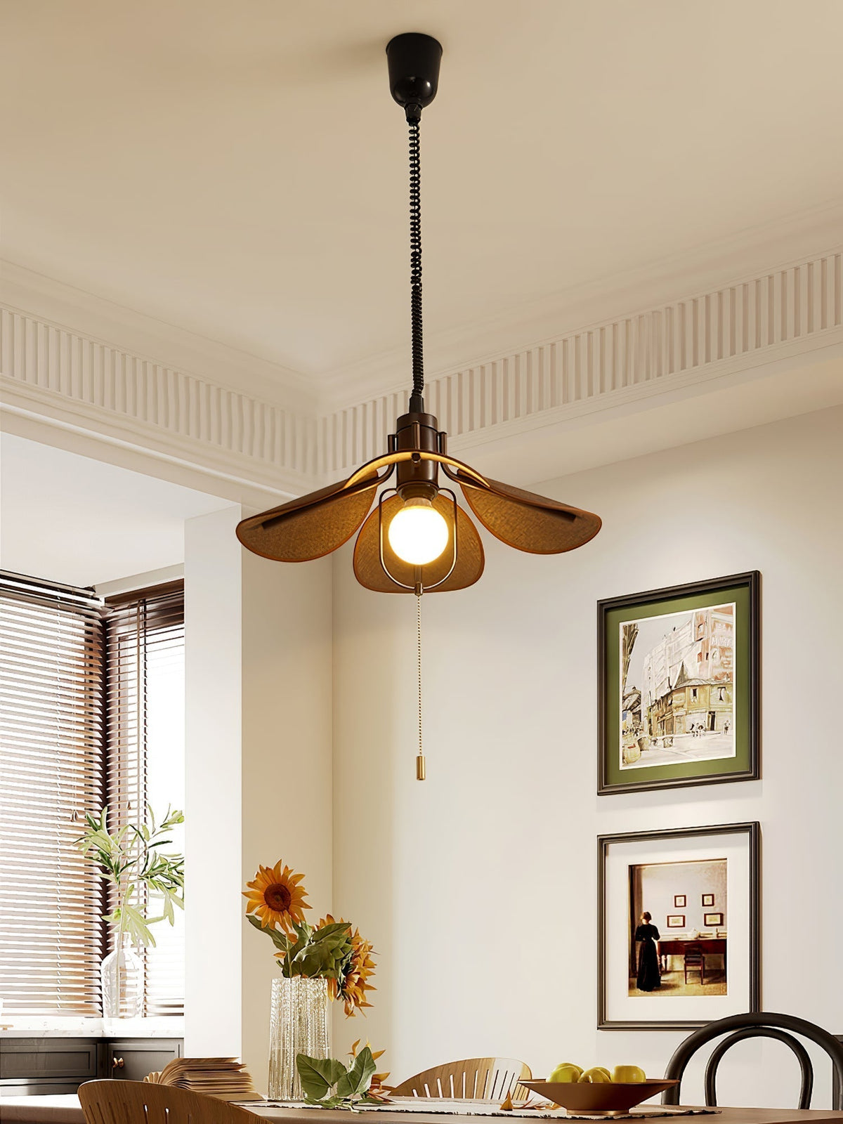 Utalion Traditional Petal Bloom Wood Fabric Pendant Light