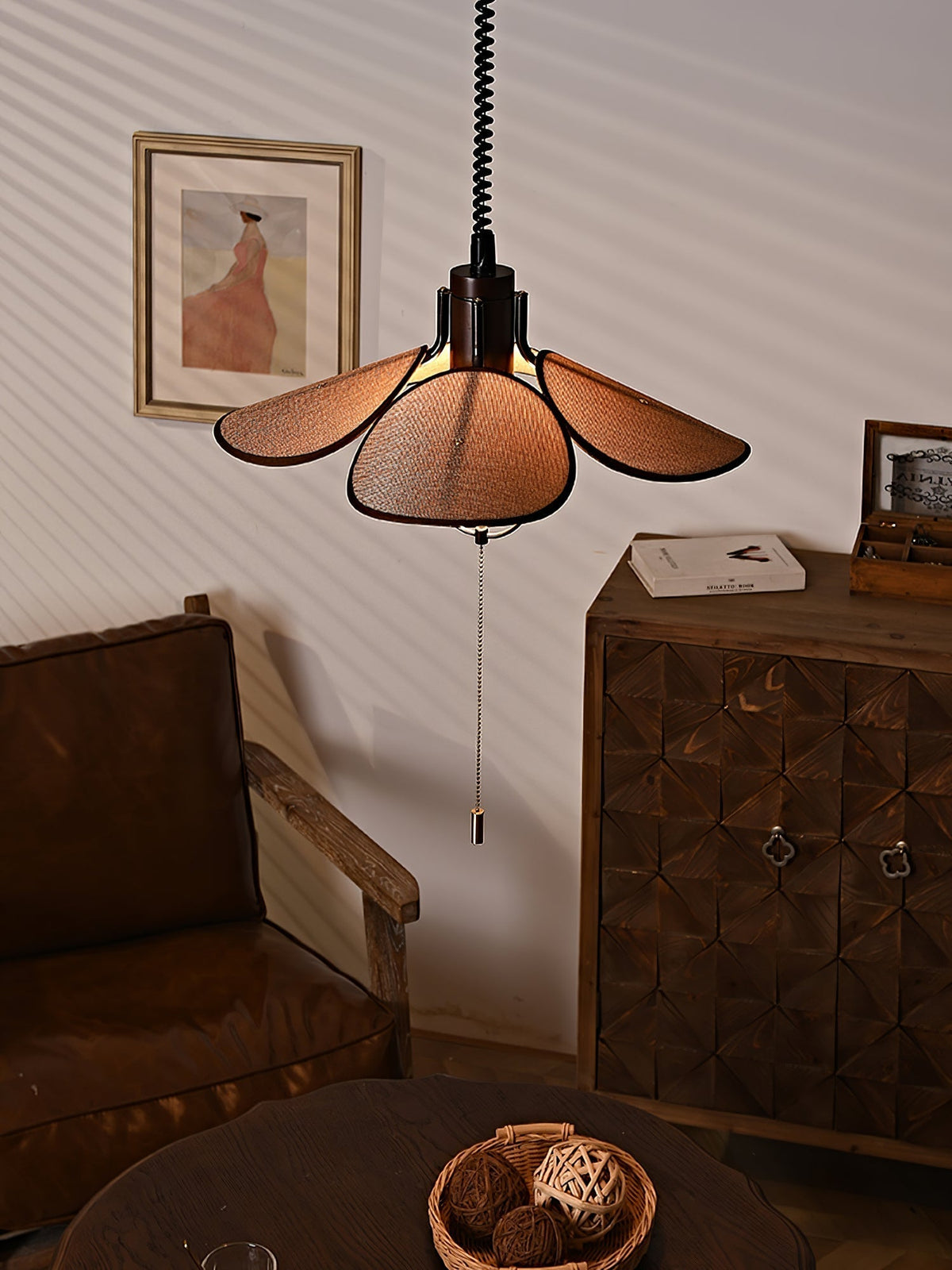 Utalion Traditional Petal Bloom Wood Fabric Pendant Light