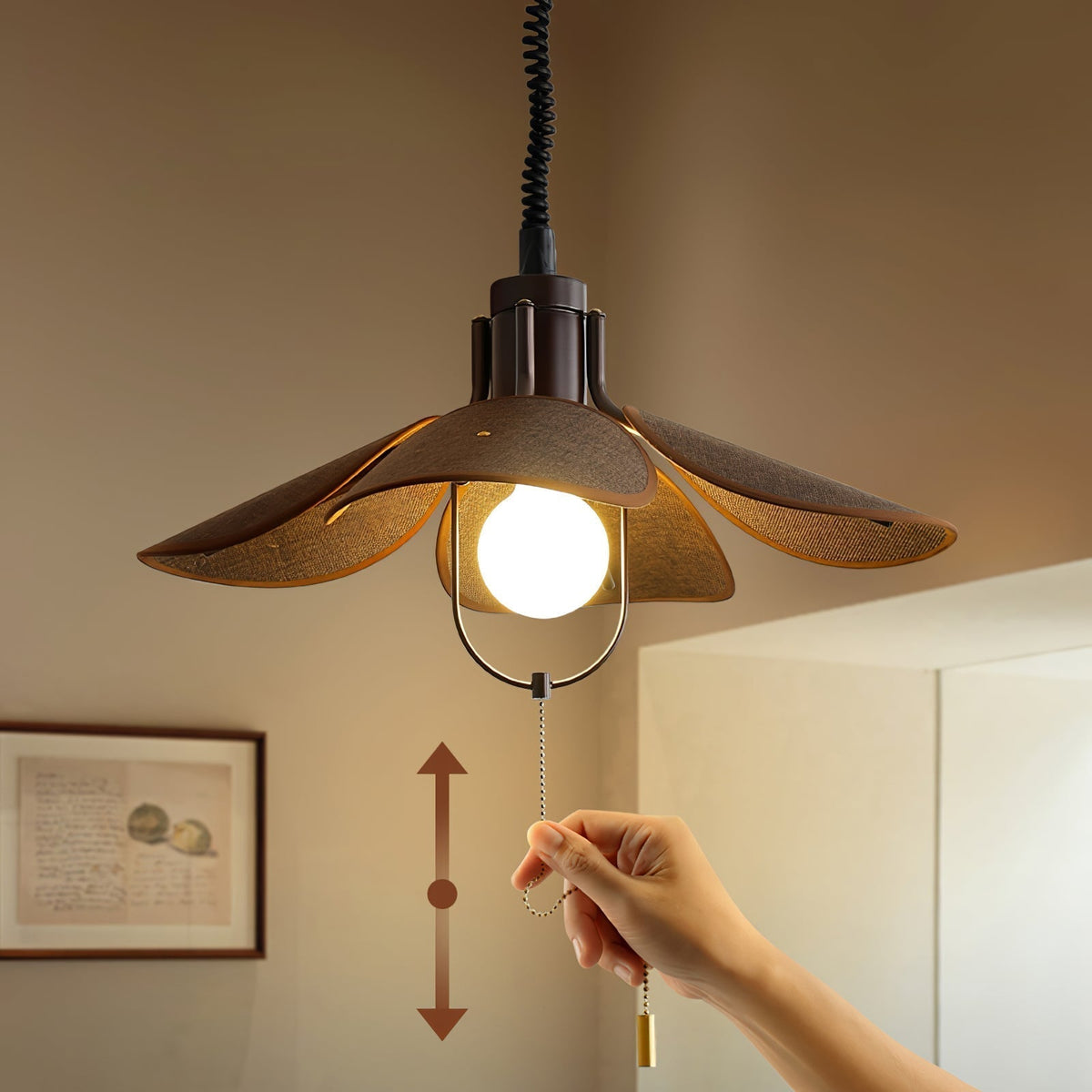 Utalion Traditional Petal Bloom Wood Fabric Pendant Light