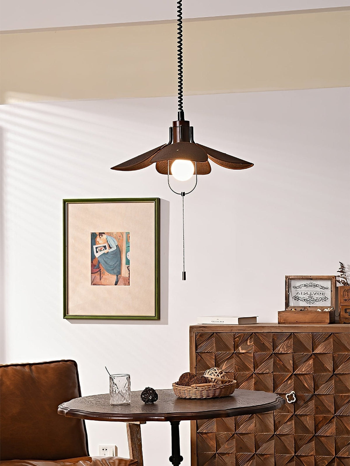 Utalion Traditional Petal Bloom Wood Fabric Pendant Light
