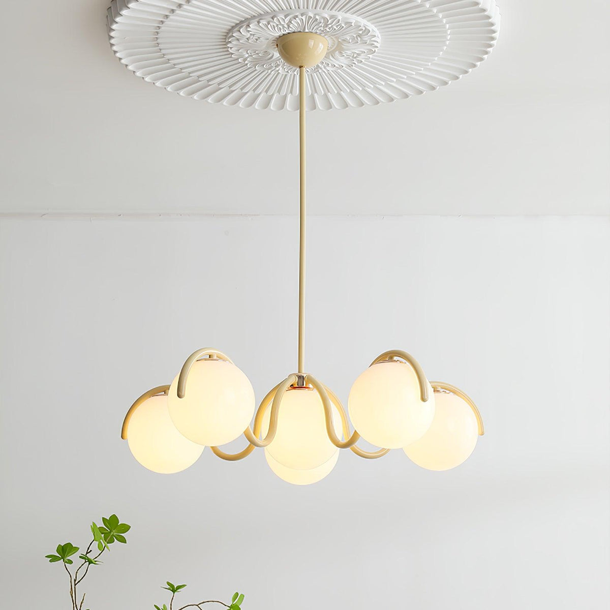Eireine Chandelier White Glass Globes Curved Frame
