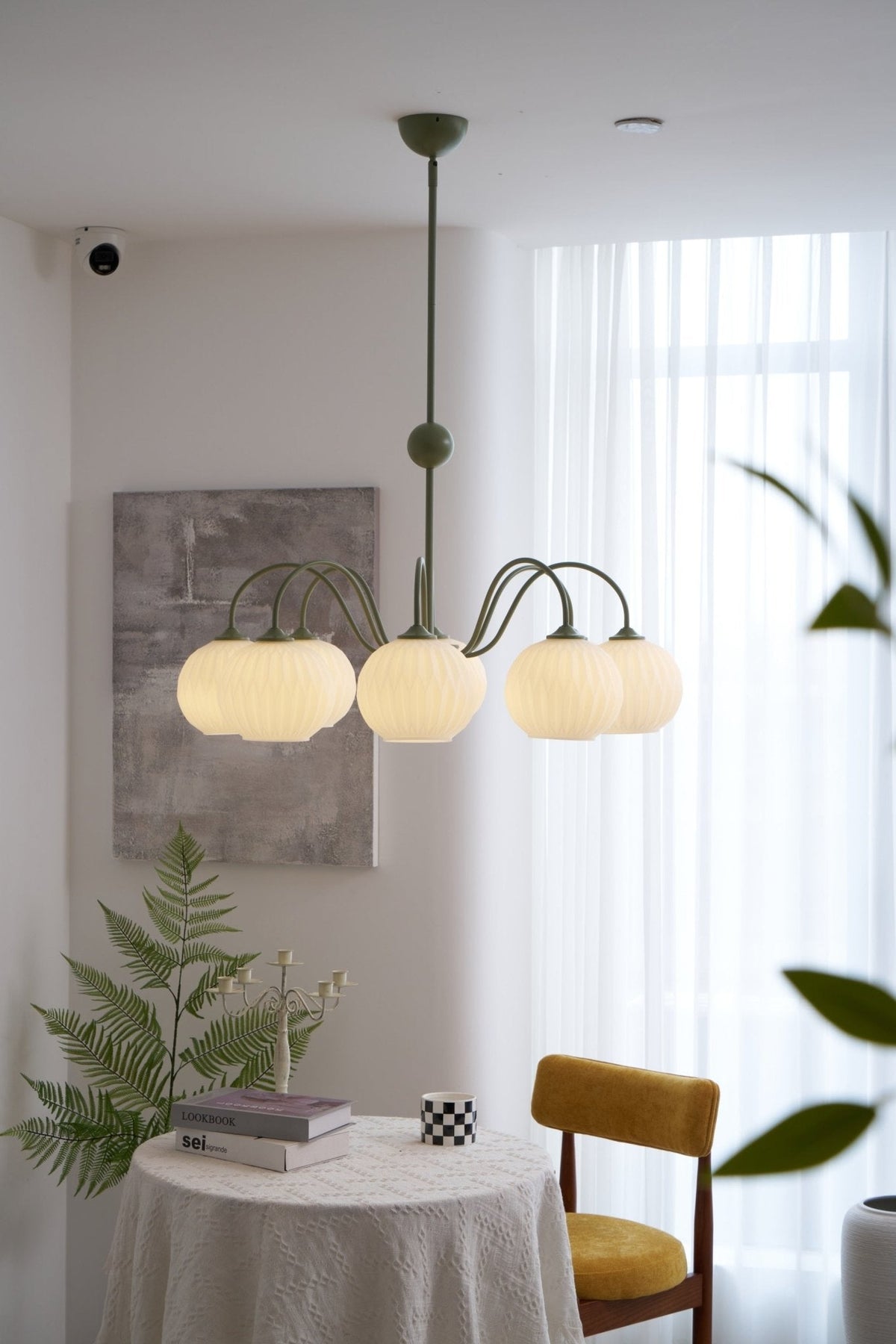 Velaaria Chandelier Green Ribbed Glass Modern 8-Light
