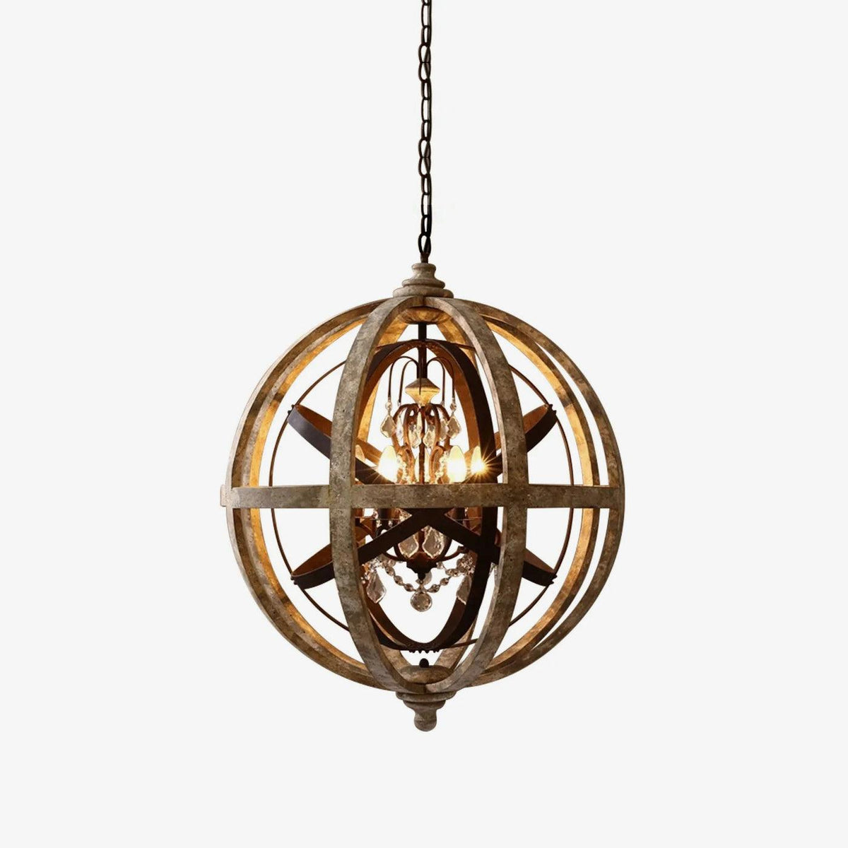Juno Chandelier Retro Globe with Weathered Wood