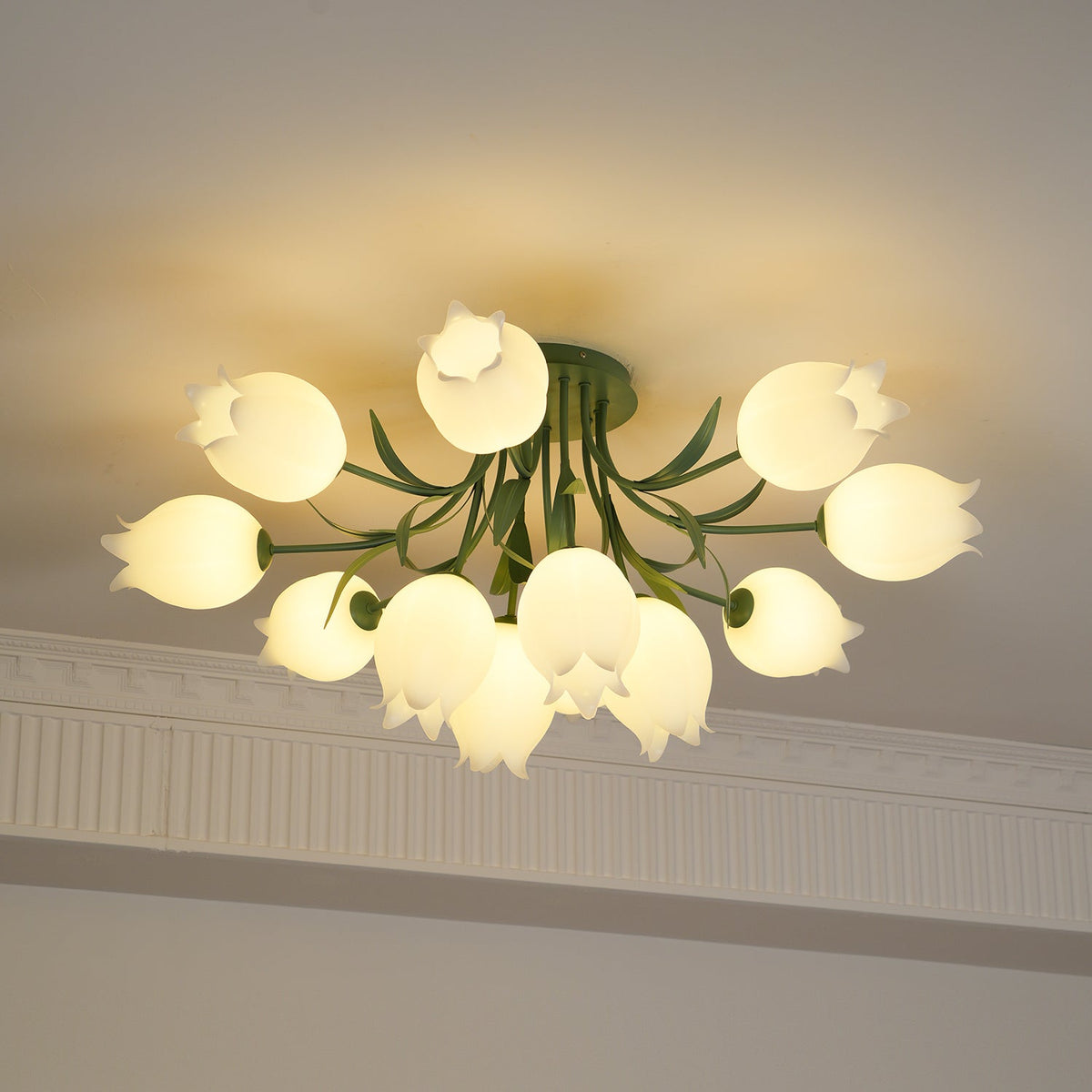 Ivory Ceiling Light Lily Flower Blossom Green Base