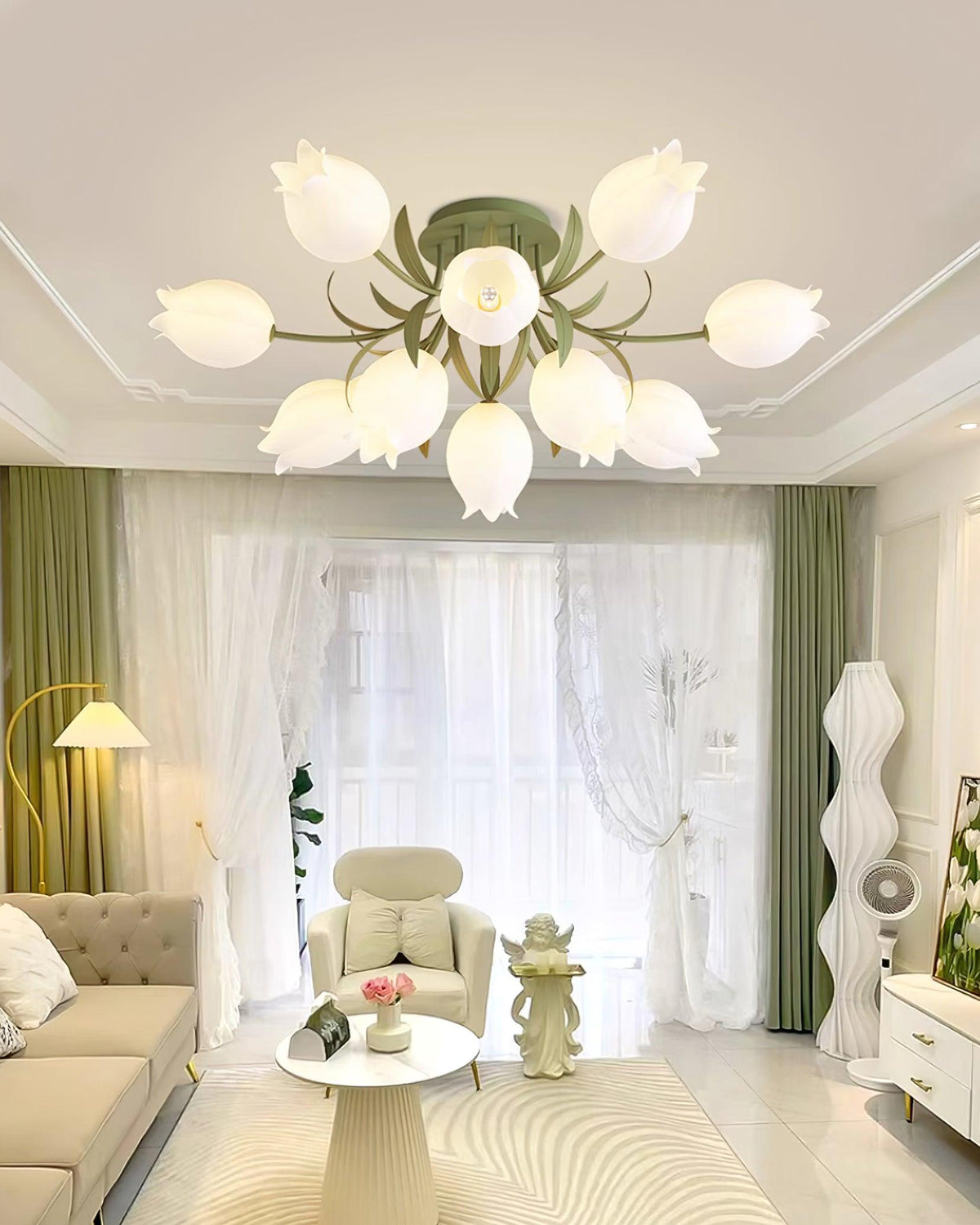 Ivory Ceiling Light Lily Flower Blossom Green Base