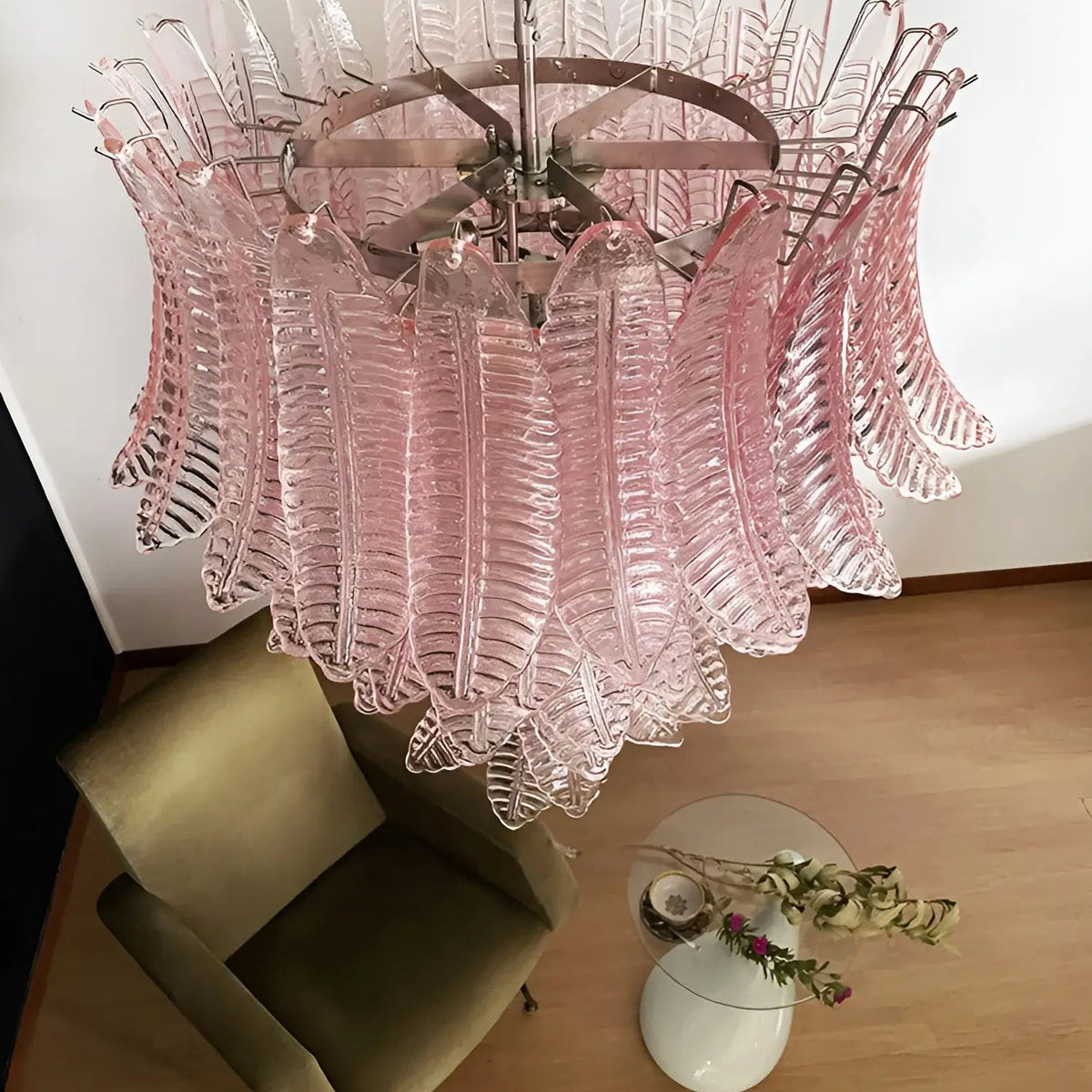 Liorisian Chandelier Pink Murano Glass Leaves Cascading Romantic