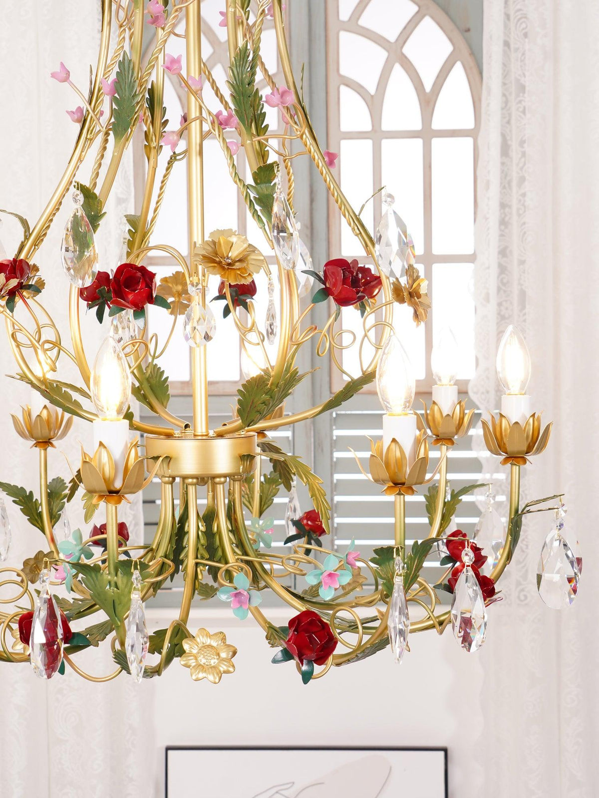 Selarella Chandelier Brass Floral Rose Crystal Candle